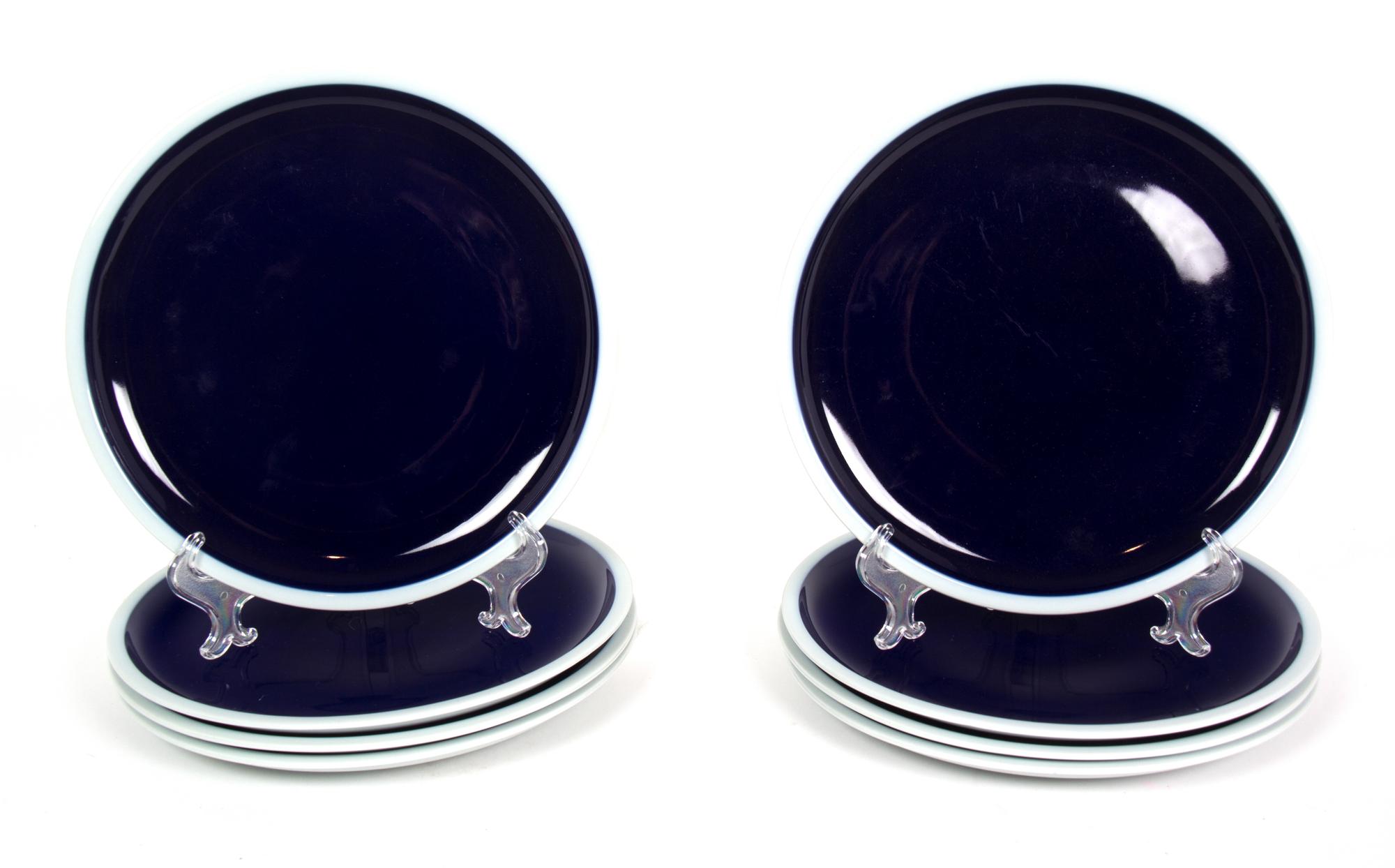 Eight Block Deep Blue Glazed China Dinner Plates Diameter 10 1/2 inches. — 20TH CENTURY