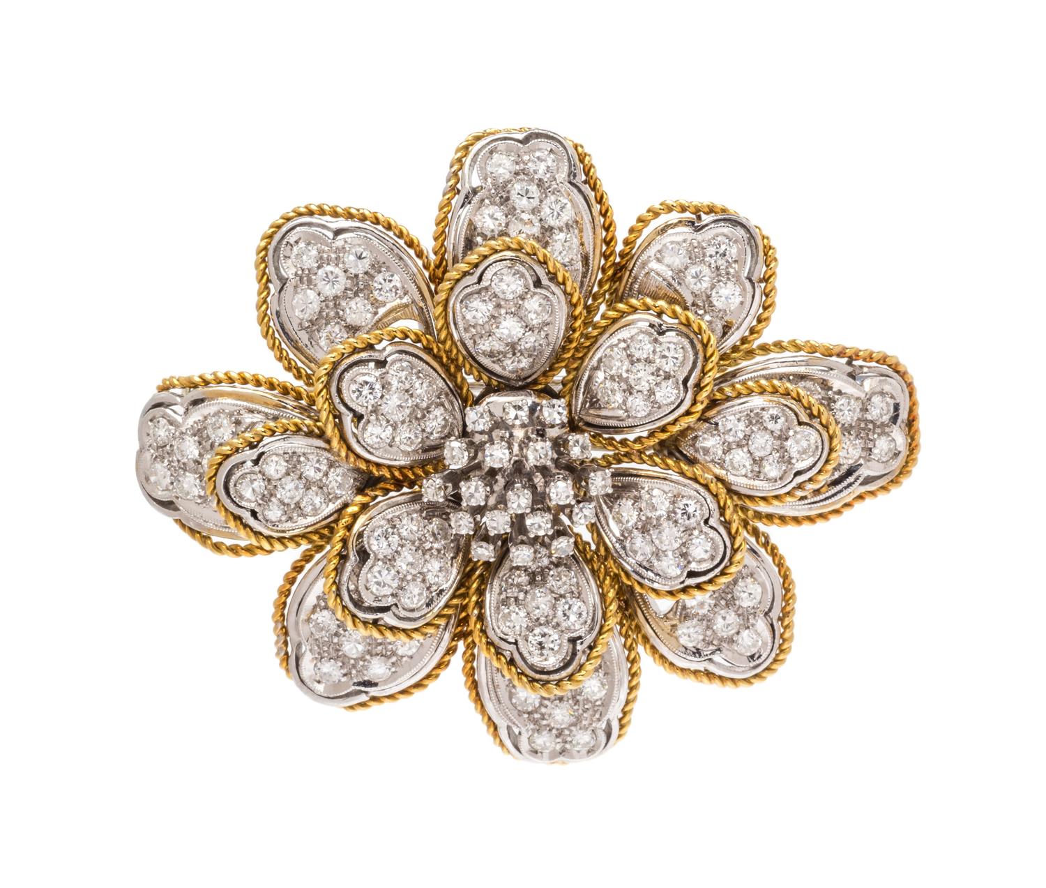 A Bicolor Gold and Diamond Flower Brooch, 18.80 dwts.