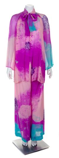 A Hanae Mori Purple and Pink Floral Silk Tunic and Pant Ensemble, Size 16.