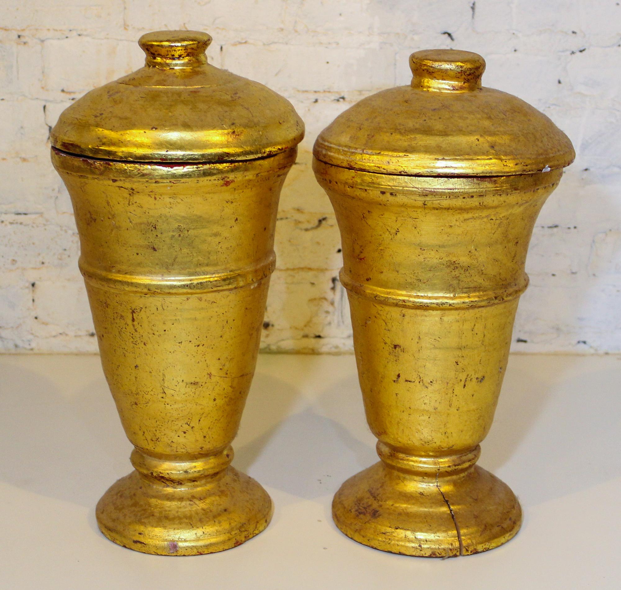 A Pair of Giltwood Lidded Urns. Height overall 17 3/4 inches.