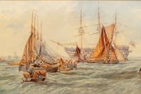 Harbor Scene with Warship and Dinghies