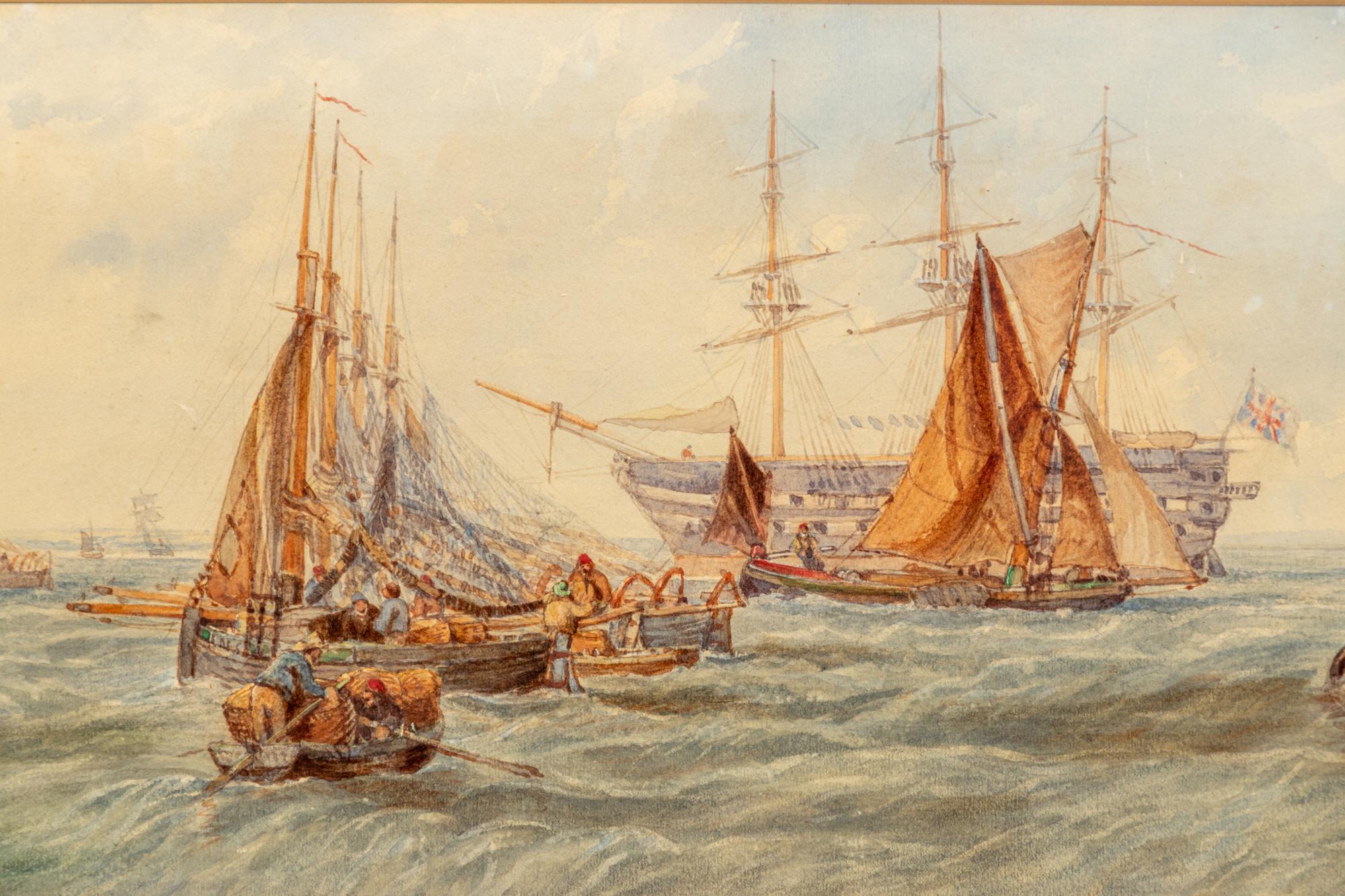 Harbor Scene with Warship and Dinghies