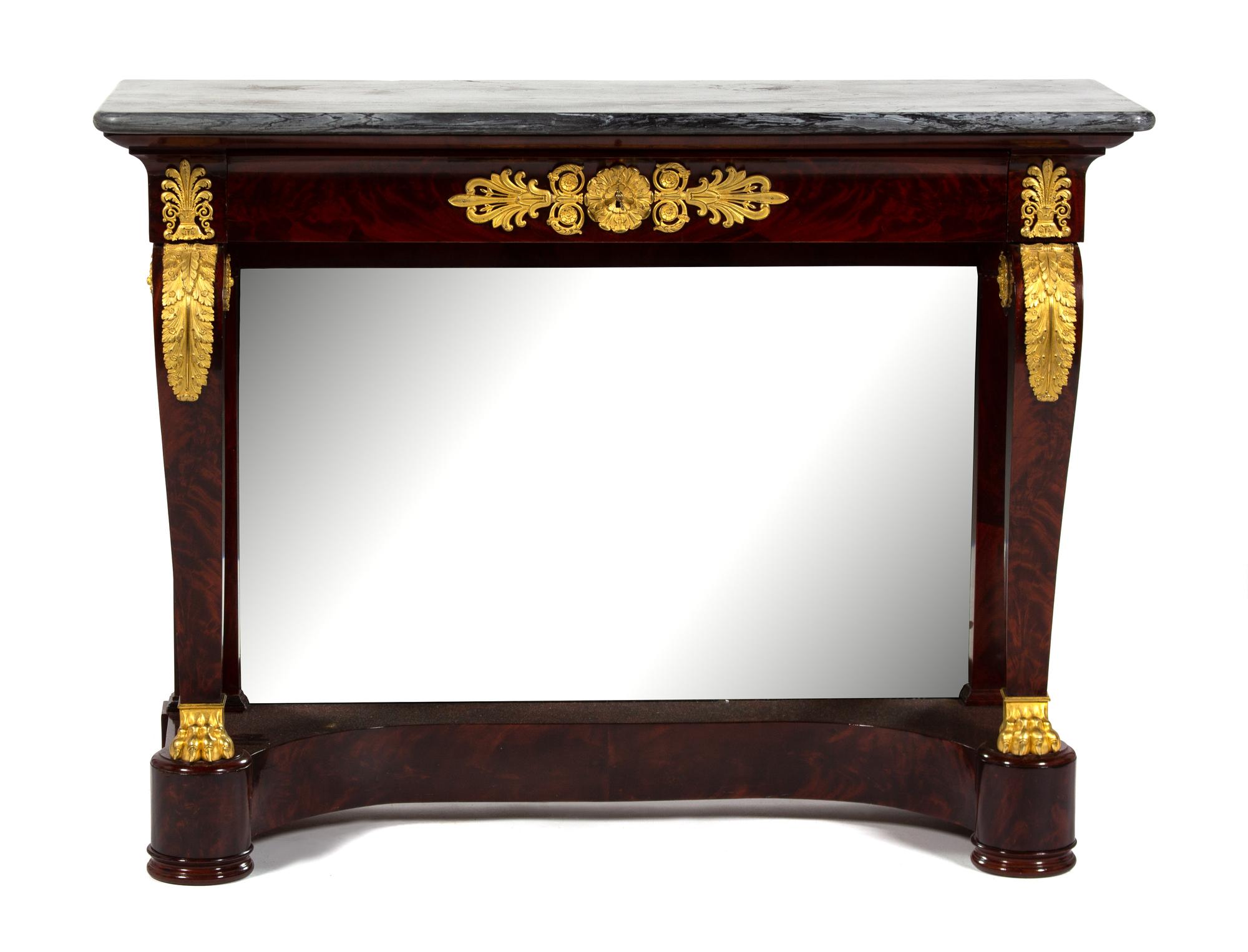 An Empire Style Gilt Bronze Mounted Mahogany Pier Table Height 37 1/2 x width 49 x depth 17 inches. — LATE 19TH CENTURY