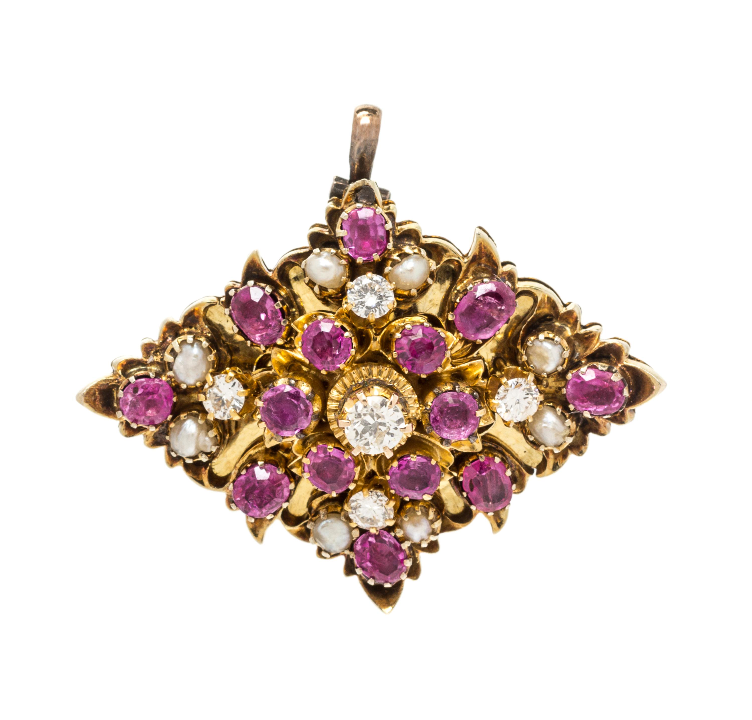 A Yellow Gold, Ruby, Diamond and Seed Pearl Pendant/Brooch, 7.80 dwts.