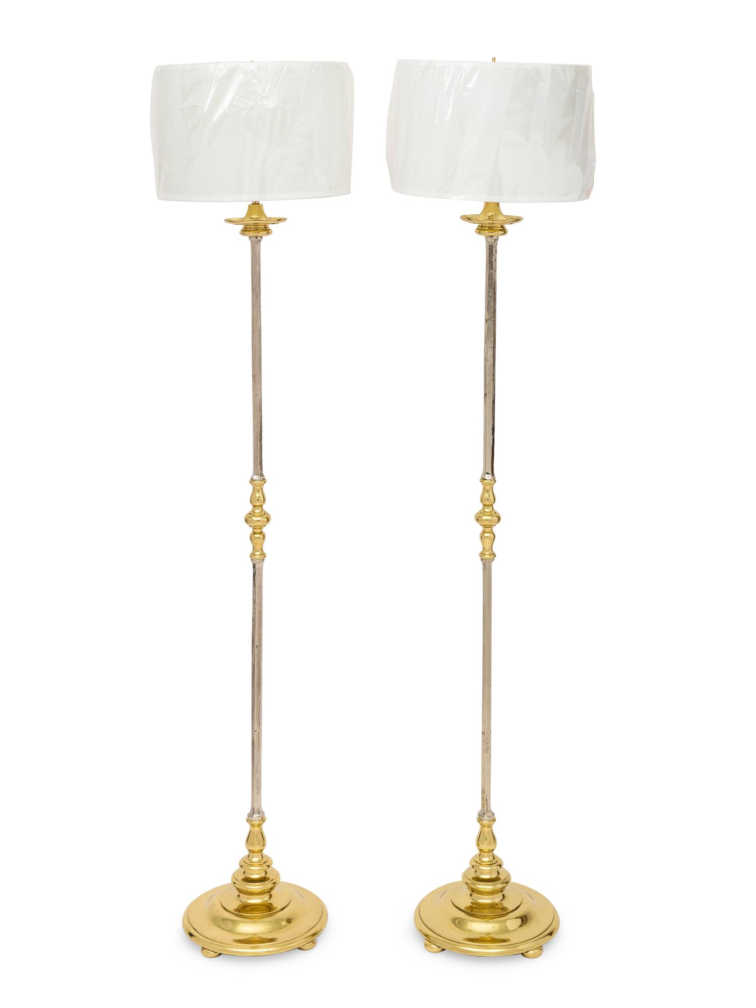 A Pair of Nickel-Plated Bronze and Brass Floor Lamps