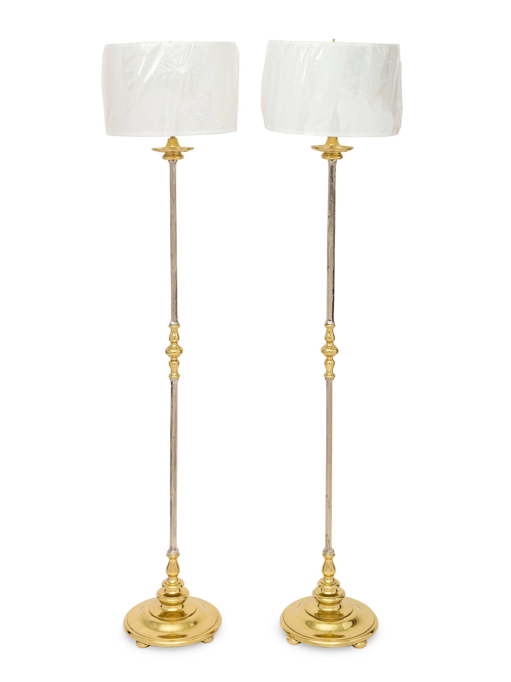 A Pair of Nickel-Plated Bronze and Brass Floor Lamps