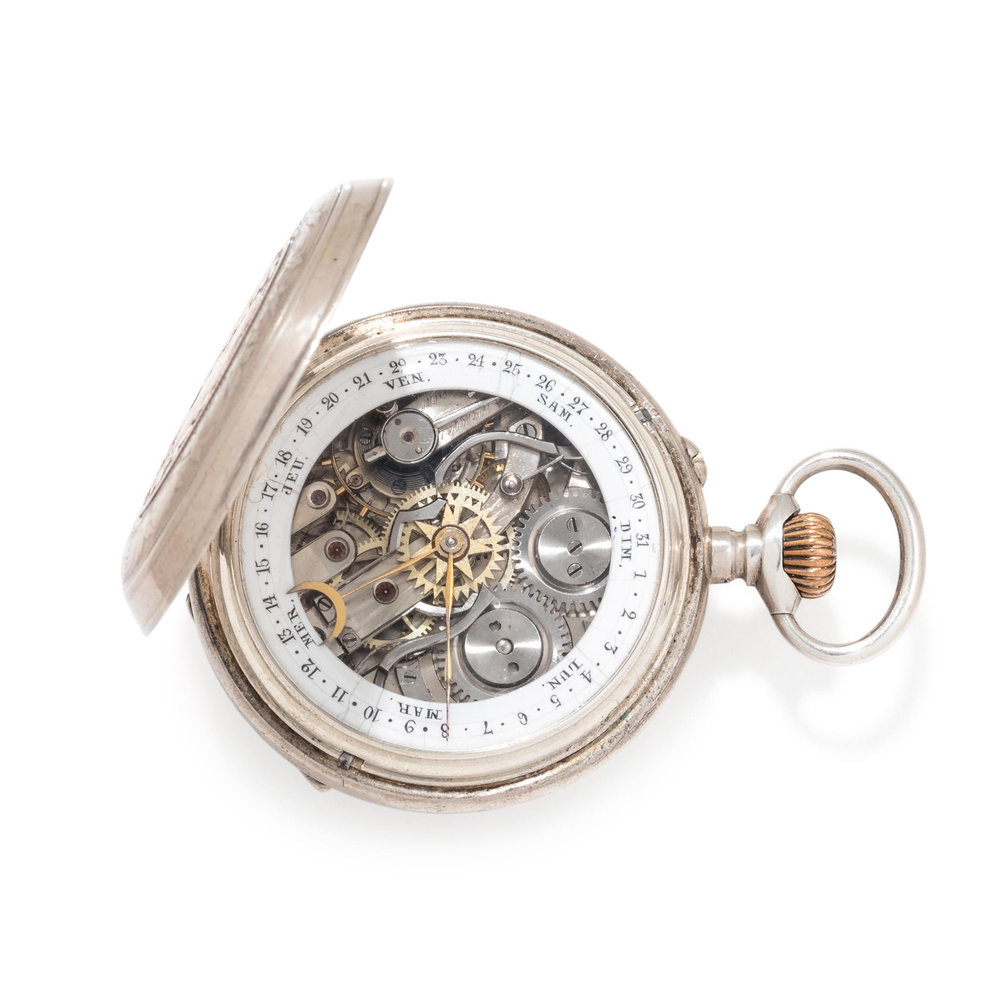 SILVER PERPETUAL CALENDAR OPEN FACE POCKET WATCH