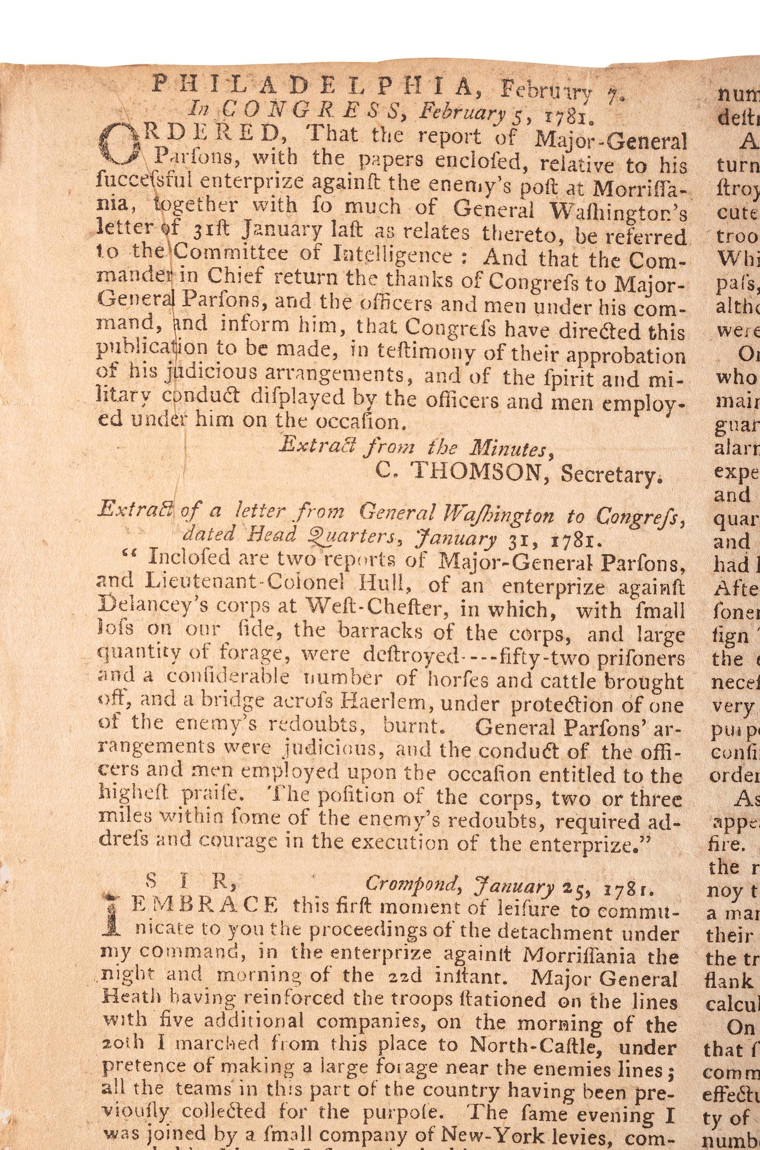 [REVOLUTIONARY WAR - BATTLE OF MORRISANIA]. The Pennsylvania Gazette and Weekly Advertiser. No. 2643. Philadelphia, PA: Hall and Sellers, 7 February 1781.