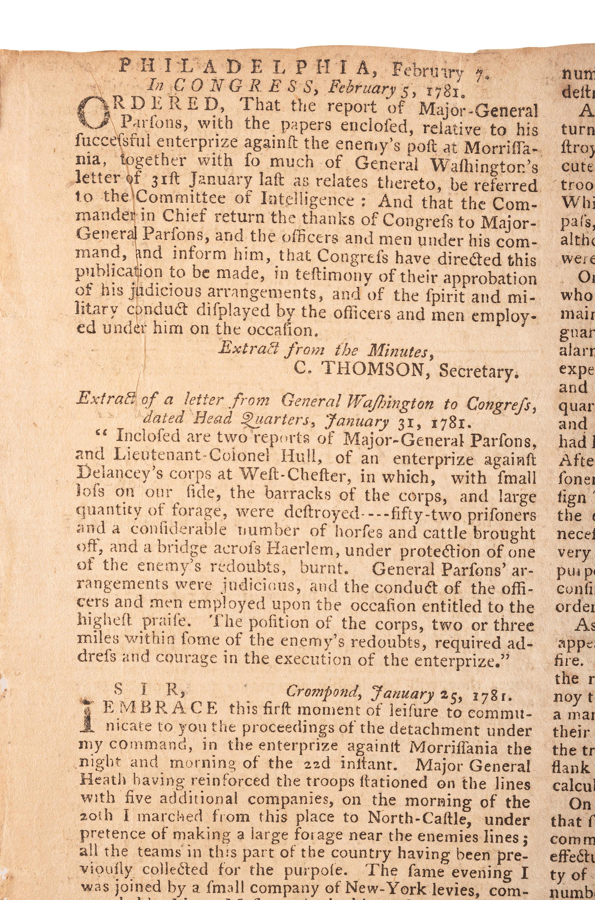 [REVOLUTIONARY WAR - BATTLE OF MORRISANIA]. The Pennsylvania Gazette and Weekly Advertiser. No. 2643. Philadelphia, PA: Hall and Sellers, 7 February 1781.