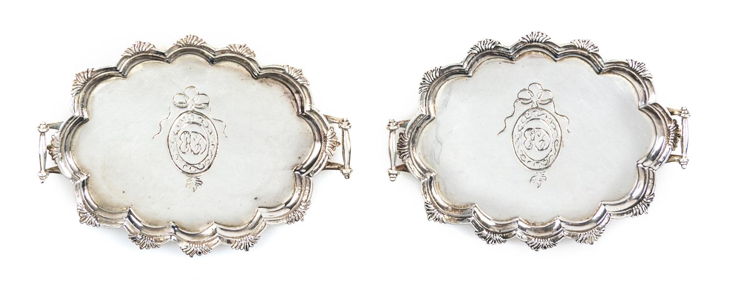 A Pair of American Silver Two-Handled Serving Trays, Obadiah Fisher, New York, NY, each having an undulating rim with acanthus leaf mot