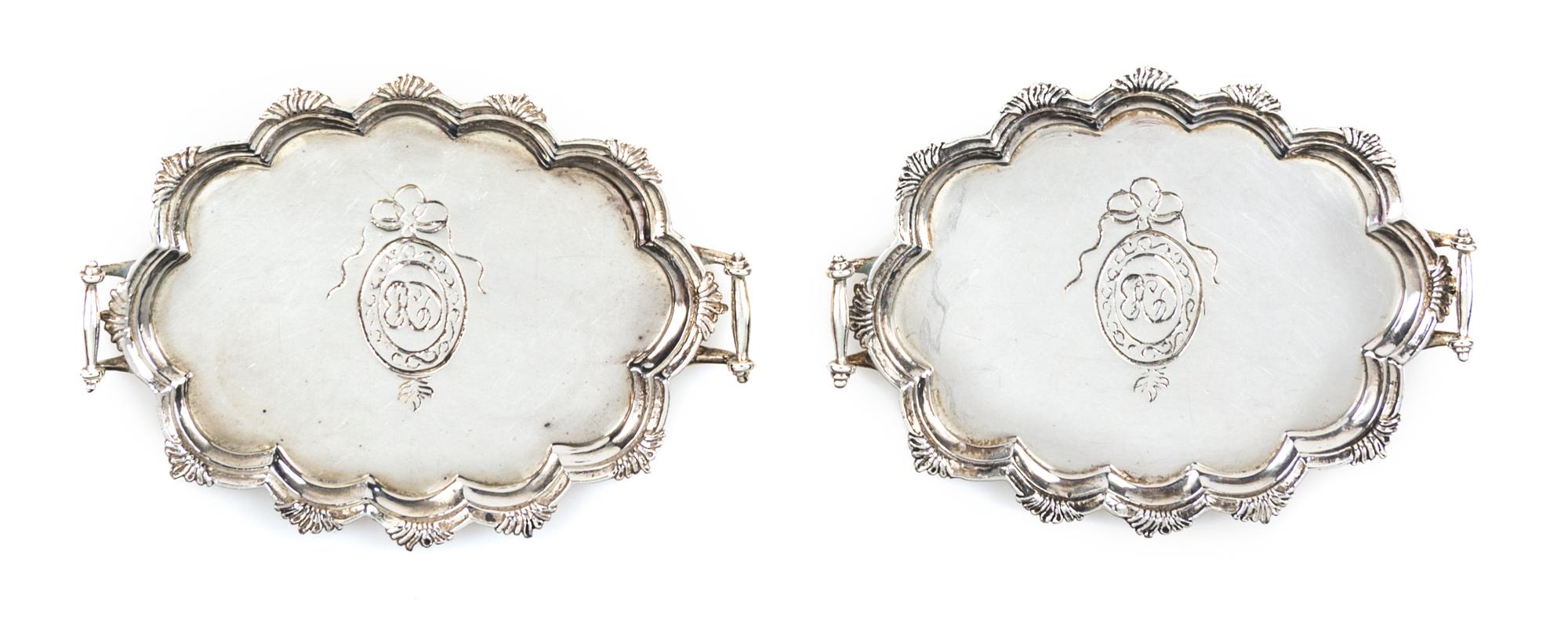 A Pair of American Silver Two-Handled Serving Trays, Obadiah Fisher, New York, NY, each having an undulating rim with acanthus leaf mot
