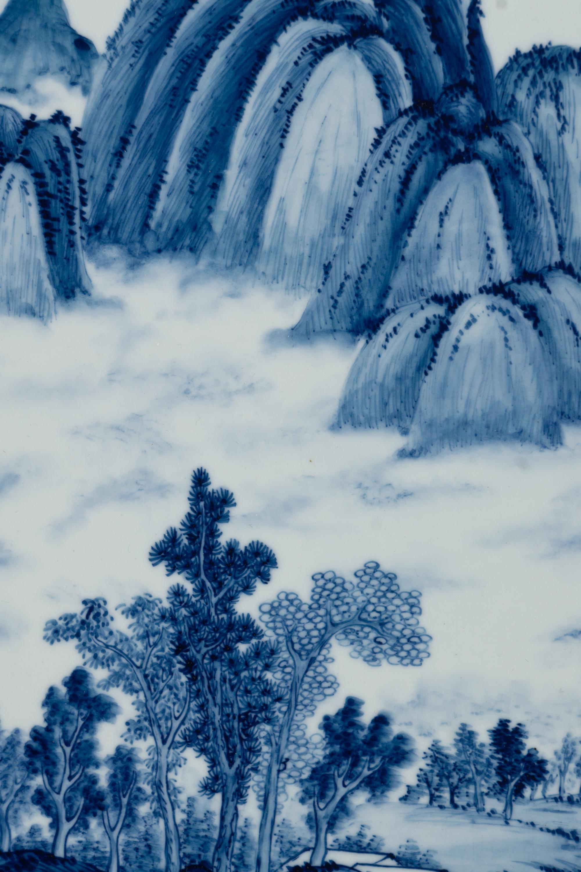 Eight Chinese Blue and White Porcelain Plaque Inset Hanging Panels 青花山水圖掛屏八扇