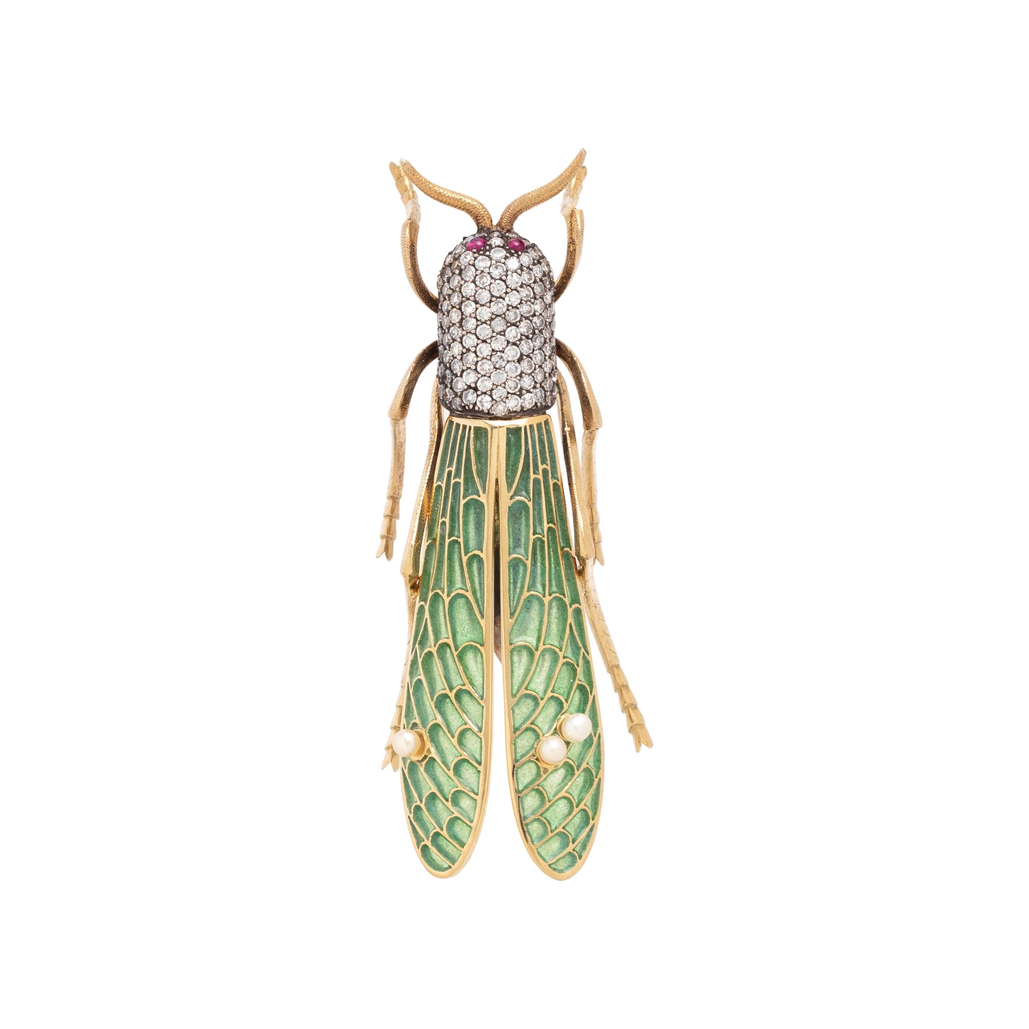 EVELYN CLOTHIER, DIAMOND, PLIQUE-À-JOUR ENAMEL AND CULTURED PEARL GRASSHOPPER BROOCH