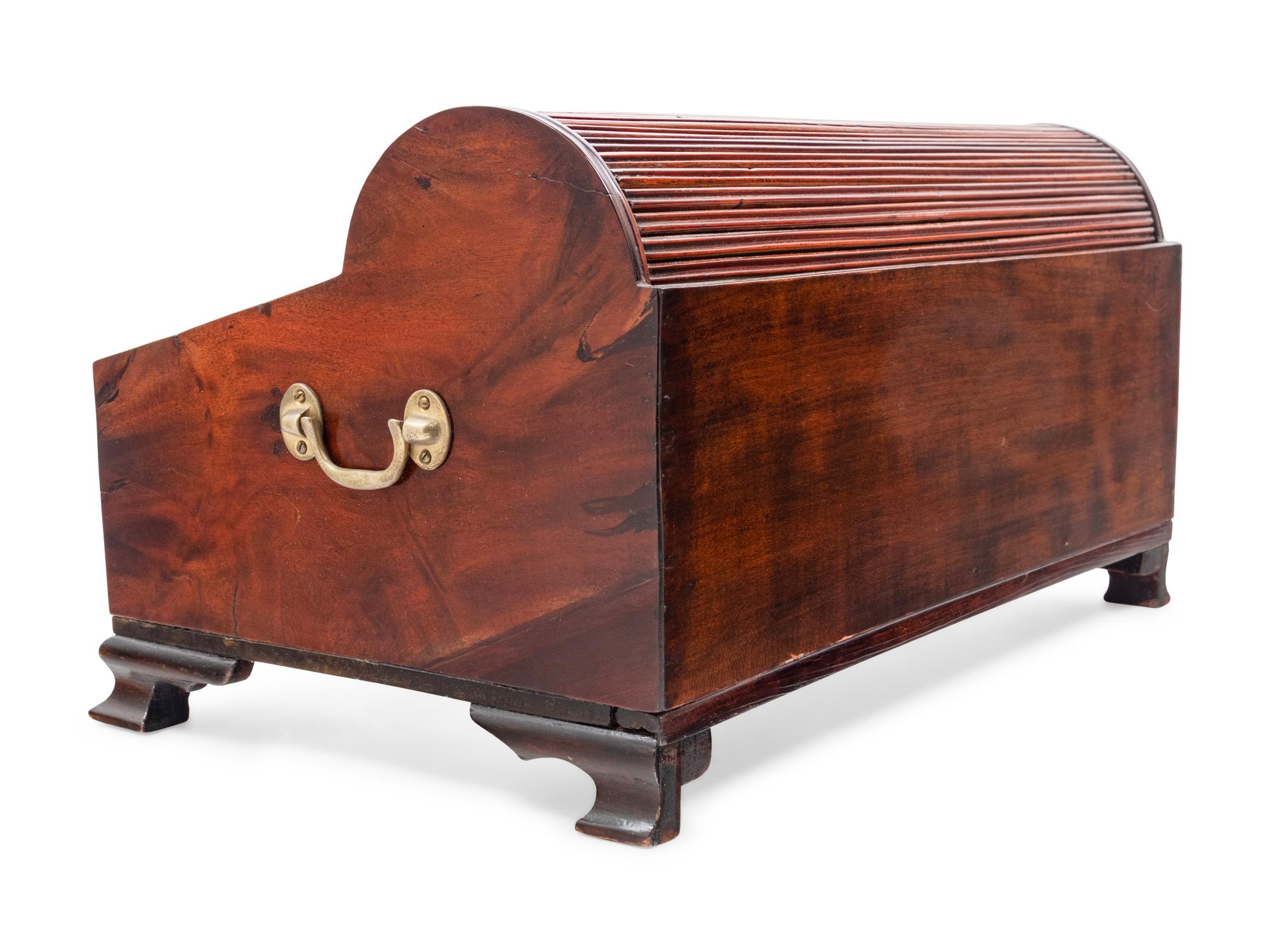 A George III Tambour Top Brass Mounted Mahogany Writing Slope and Stationary Box