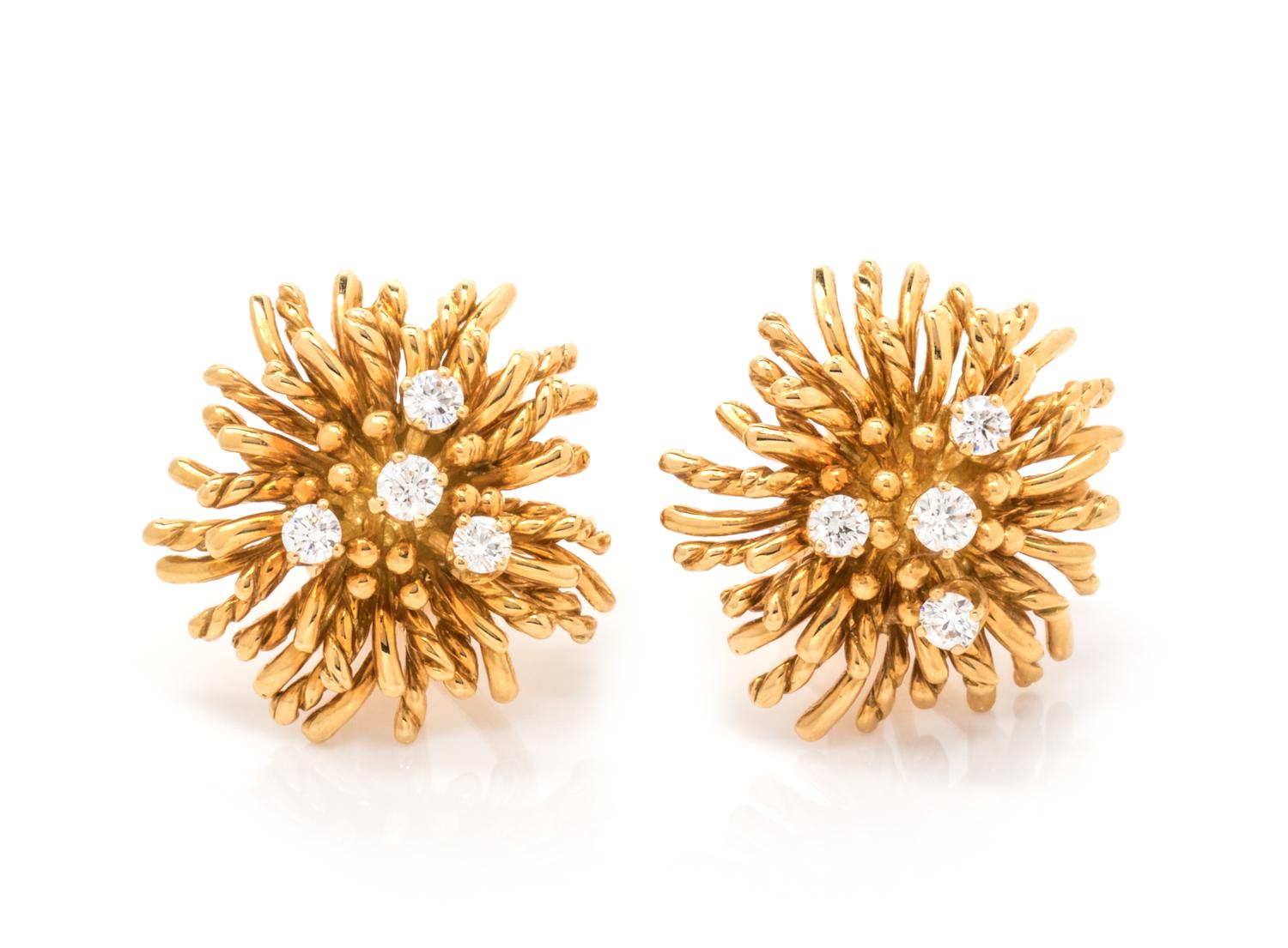 A Pair of 18 Karat Yellow Gold and Diamond 'Anemone' Earclips, Tiffany & Co.,