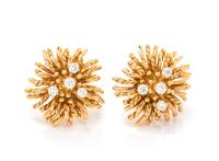 A Pair of 18 Karat Yellow Gold and Diamond 'Anemone' Earclips, Tiffany & Co.,