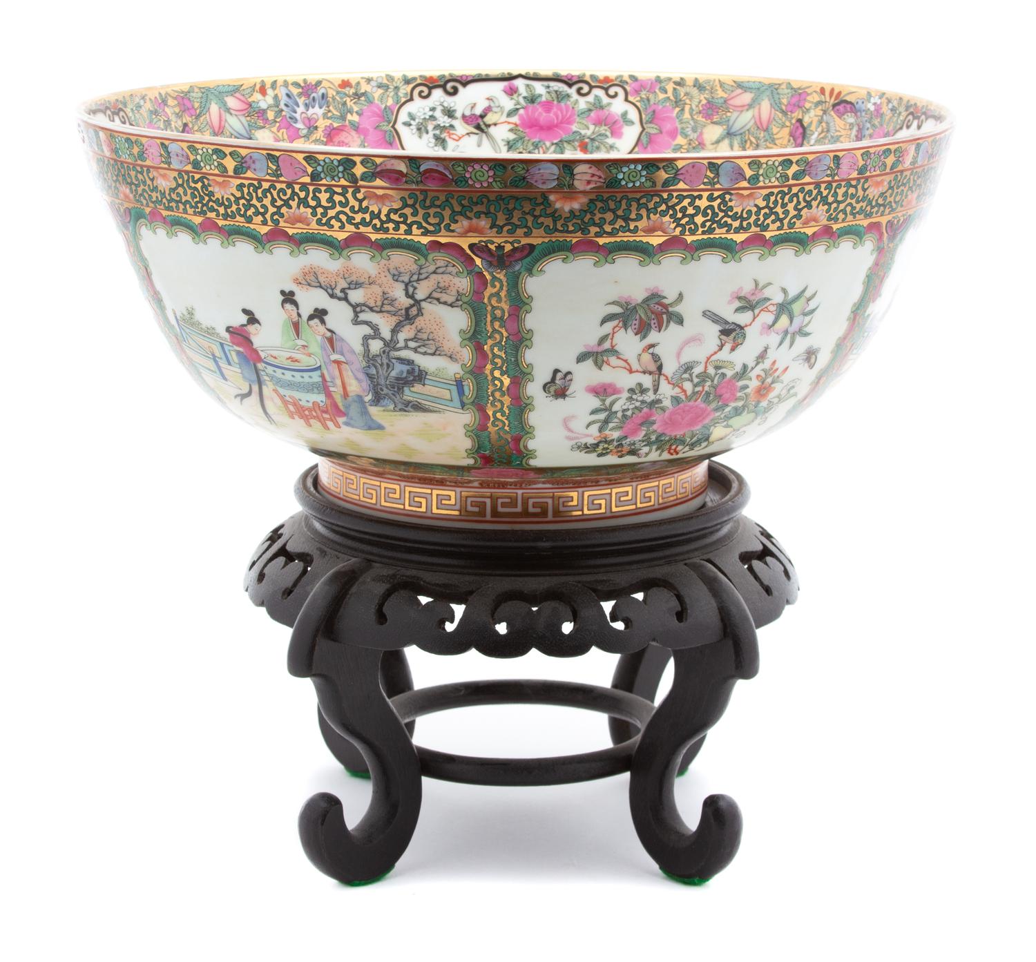 A Chinese Export Rose Medallion Porcelain Punchbowl Diameter 14 inches. — 20TH CENTURY