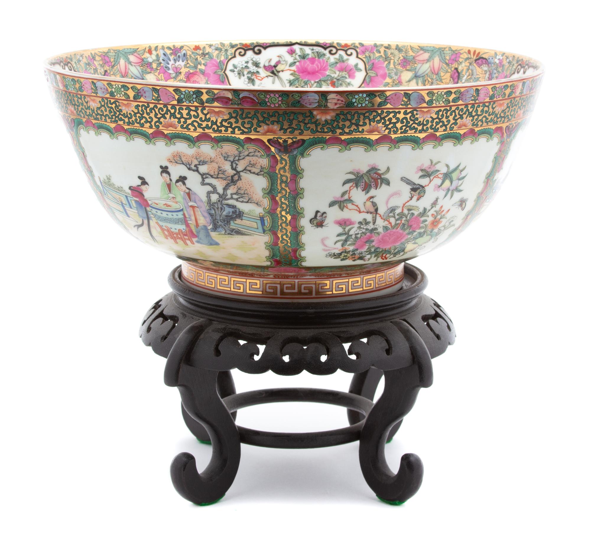 A Chinese Export Rose Medallion Porcelain Punchbowl Diameter 14 inches. — 20TH CENTURY