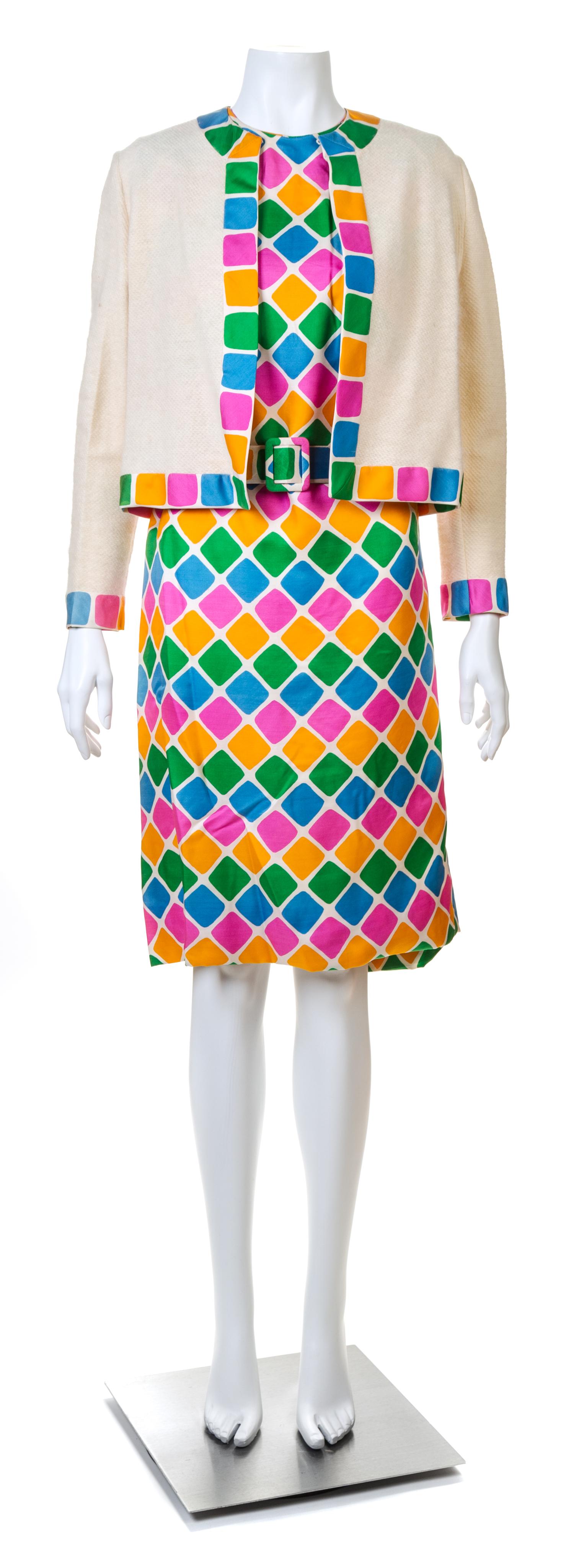 A Kaplan Couture Multicolor Block Design Dress and Sweater Set, Dress: No size; Belt: 37" x 1.5".