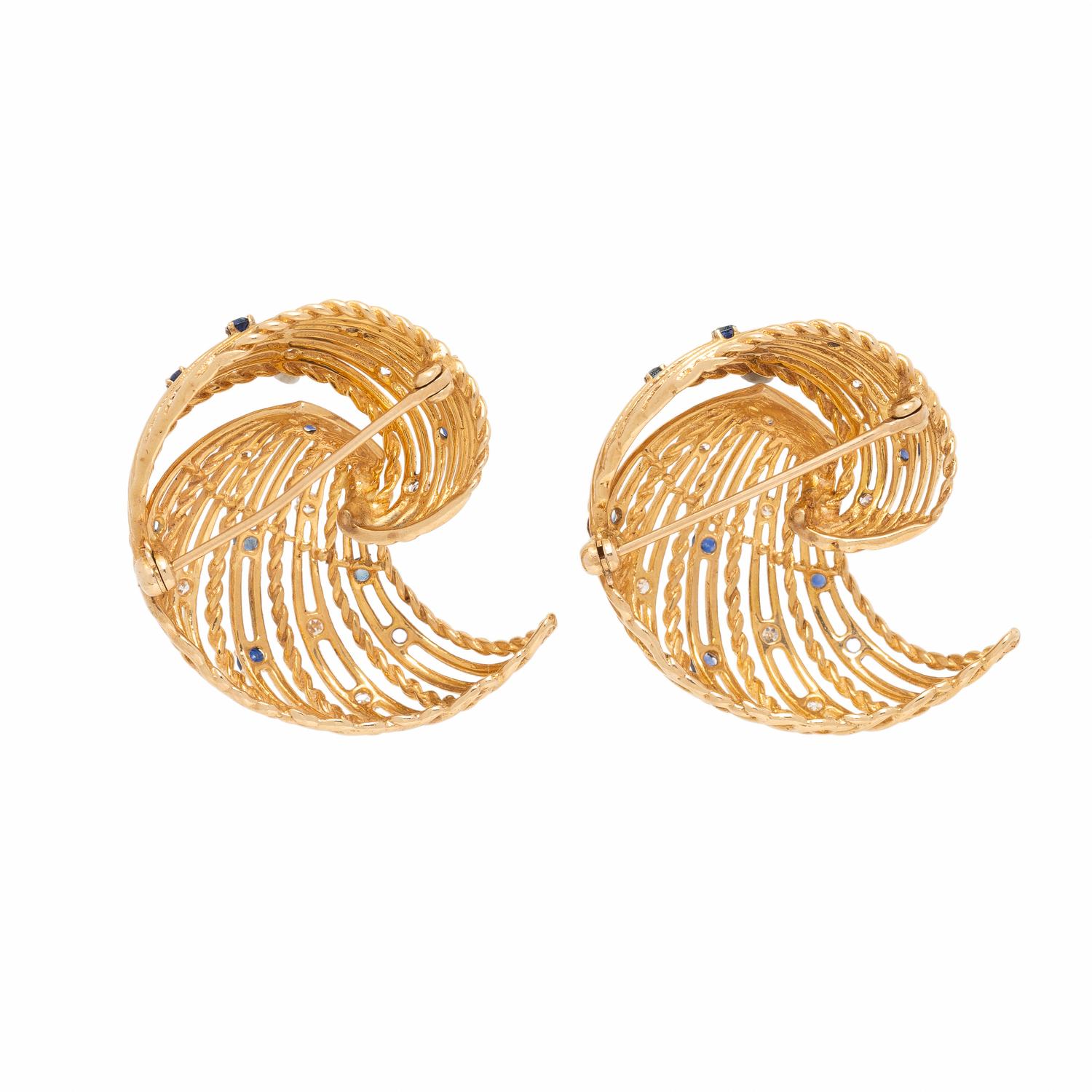 Pair of Yellow Gold, Sapphire, and Diamond Brooches