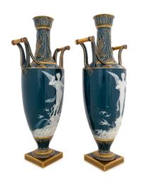 A Fine Pair of Mintons Pâte-sur-Pâte Peacock Blue-Ground Vases