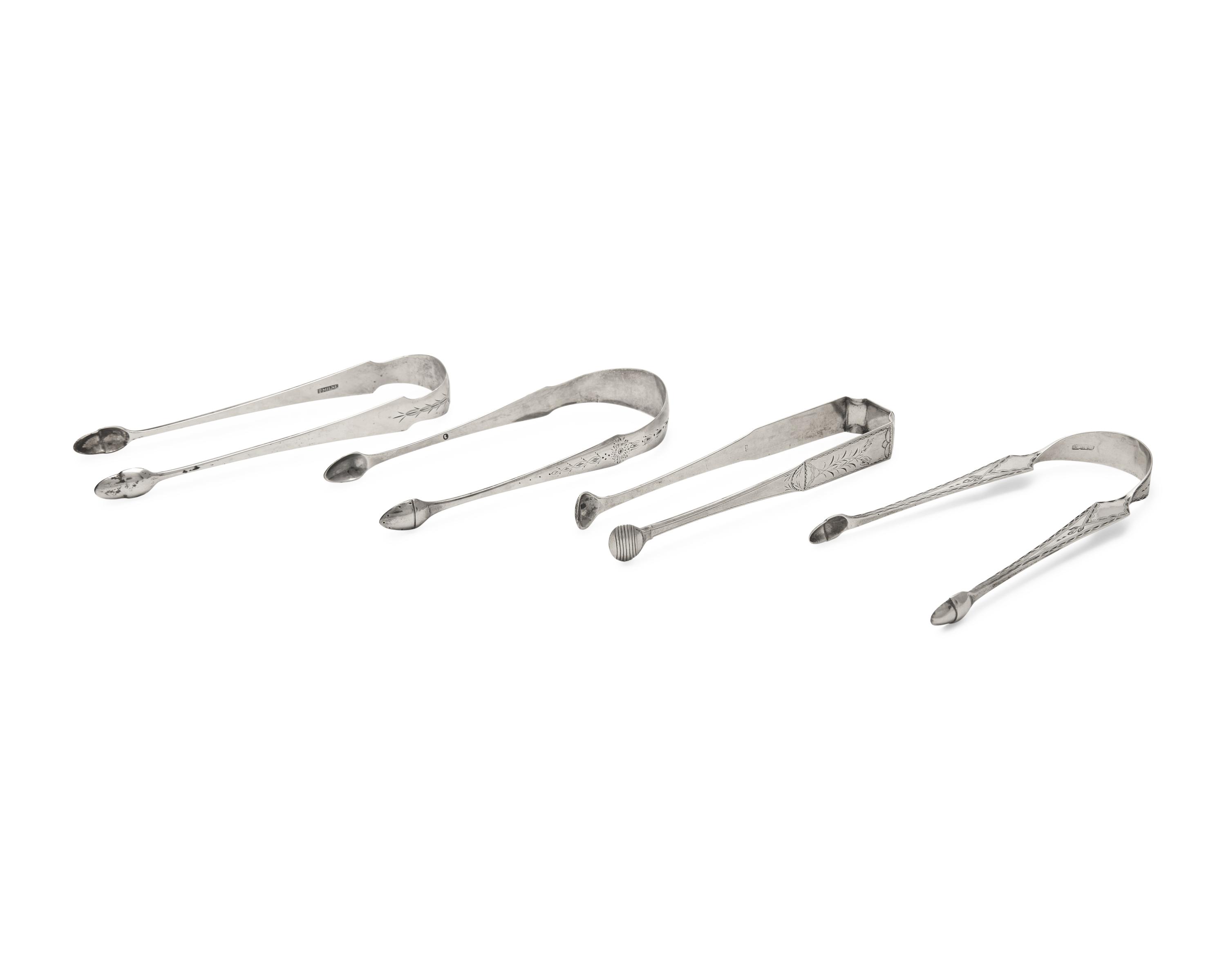 A Group of Four Federal Bright-Cut Silver Sugar Tongs