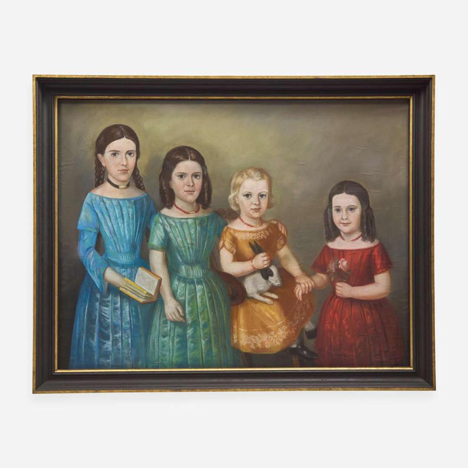 American School 19th century; Portrait of Four Children with Pet Rabbit