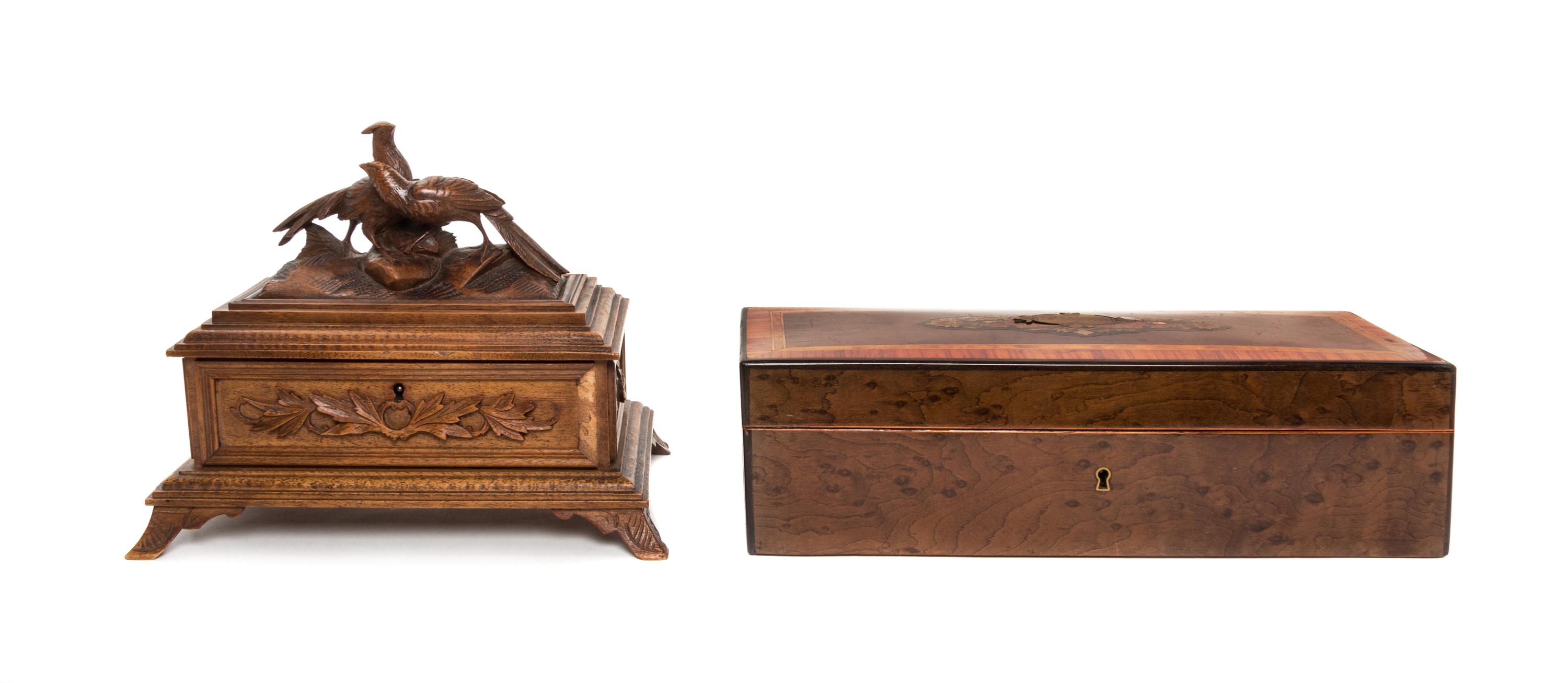A Victorian Brass Inlaid Kingwood and Satinwood Glove Box Width of first 11 7/8 inches.