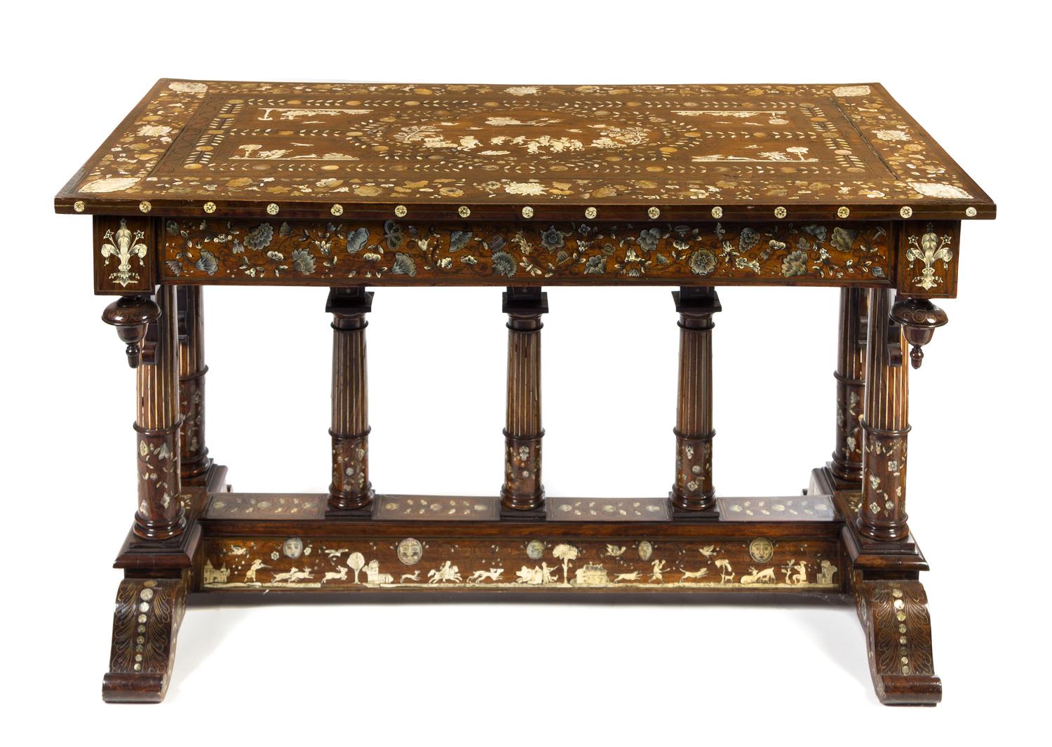 A Continental Brass, Bone and Mother-of-Pearl Inlaid Table Height 30 1/4 x width 51 5/8 x depth 28 1/4 inches. — PROBABLY NORTHERN ITALIAN, 19TH CENTURY