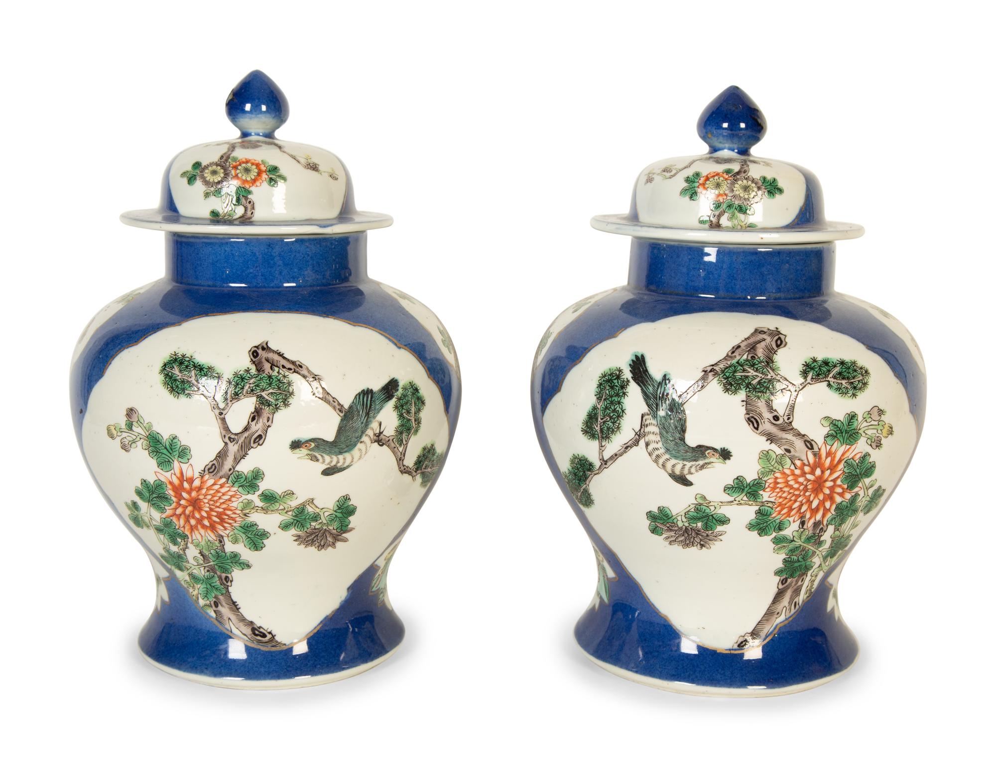 A Pair of Chinese Export Famille Verte Porcelain Covered Ginger Jars — 20th Century