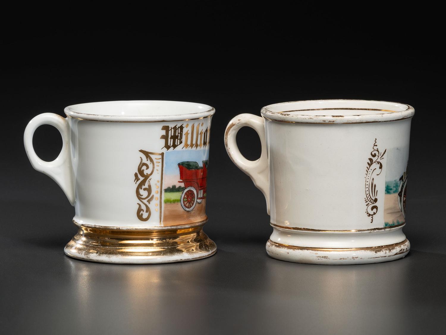 Two Shaving Mugs Depicting Open Touring Automobiles