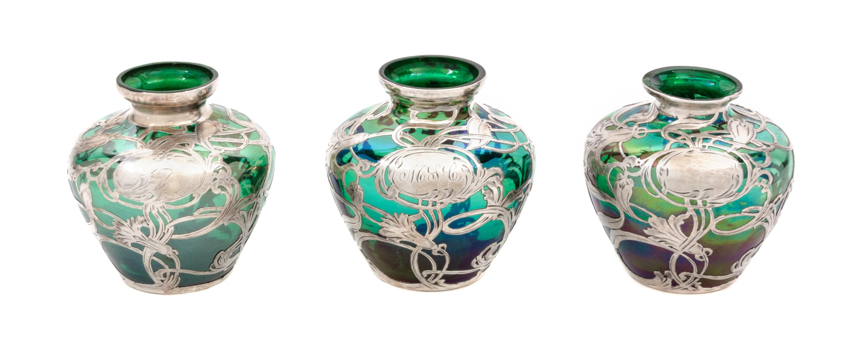Three Silver Overlay Glass Vases Height 2 3/4 inches.