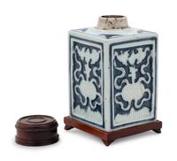 A Chinese White Slip Decorated Blue Ground Rectangular Tea Caddy