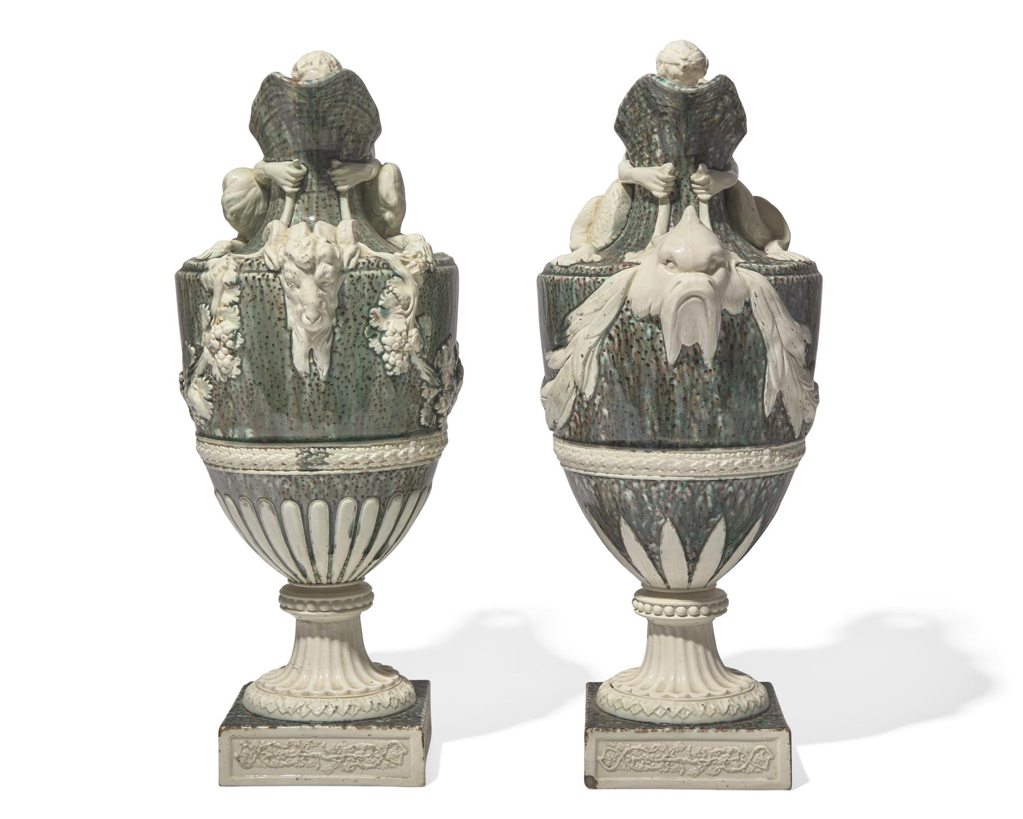 A Pair of Wedgwood Tin-Glazed Earthenware Bacchic Wine Ewers