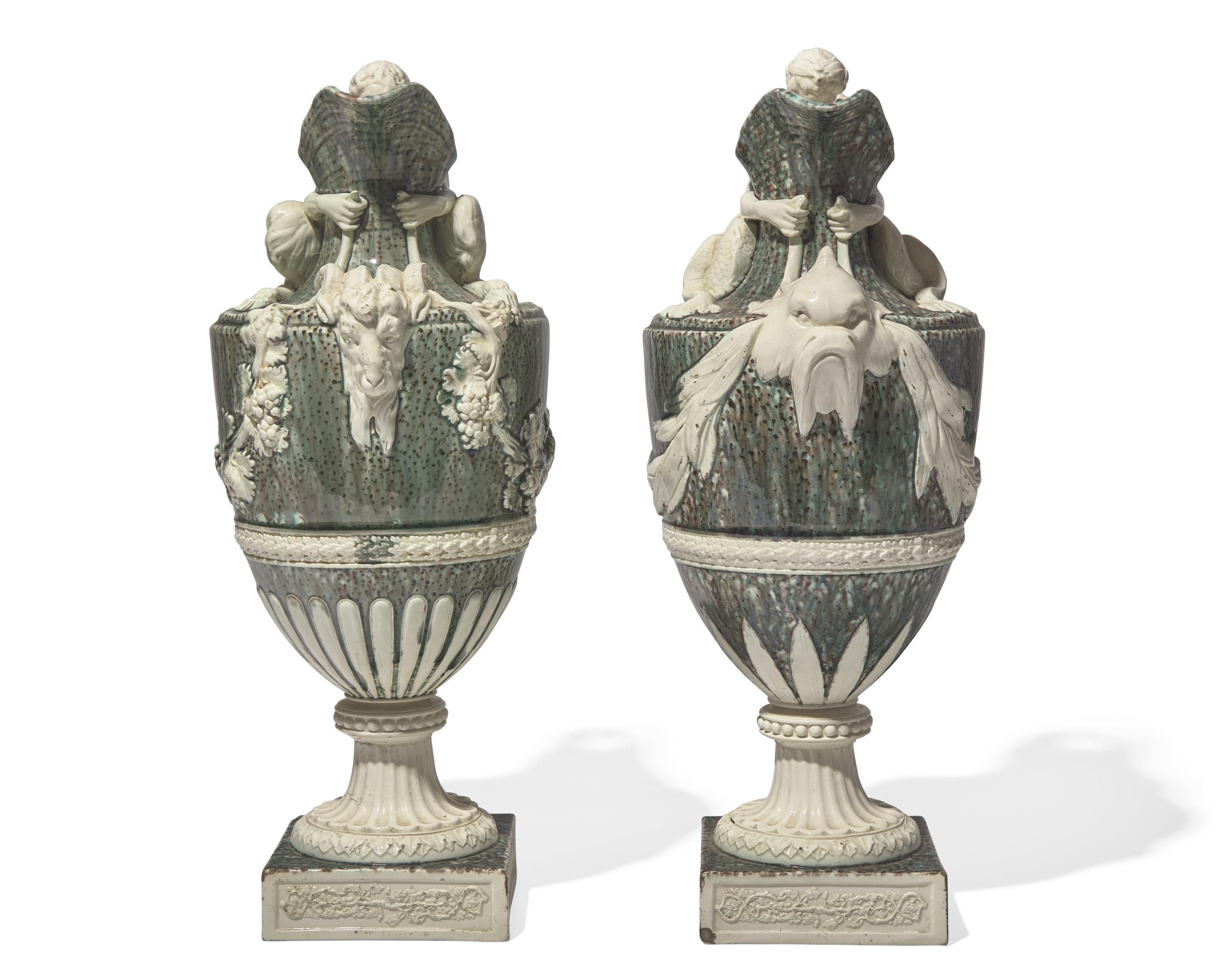 A Pair of Wedgwood Tin-Glazed Earthenware Bacchic Wine Ewers