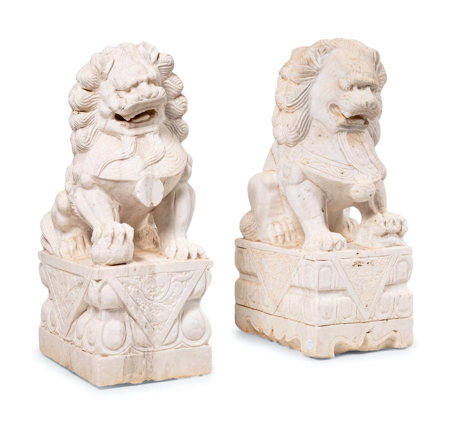 A Pair of Chinese Carved Marble Buddhistic Lions