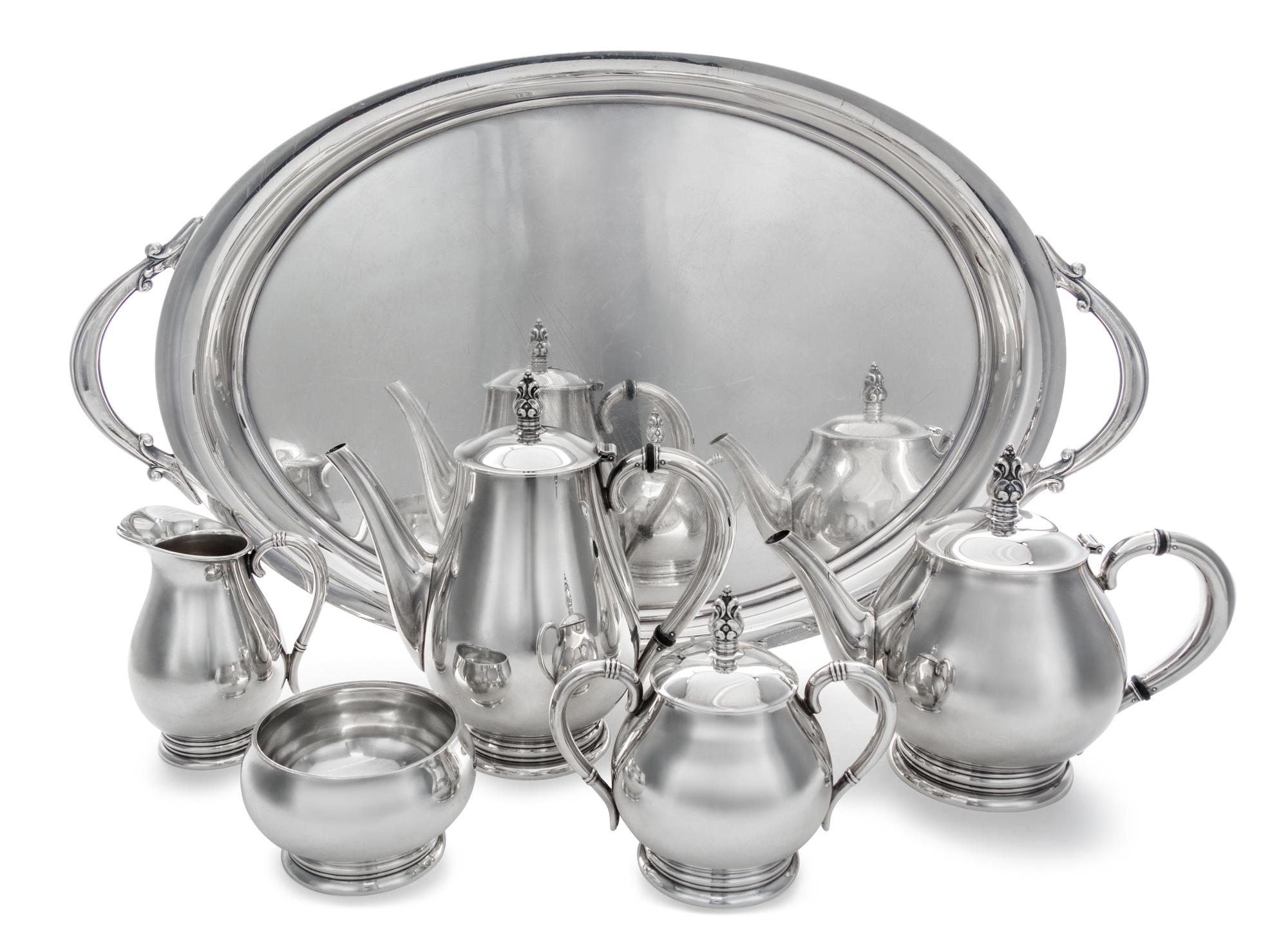 An American Silver Tea and Coffee Service, International Silver Co., Meriden, CT, Royal Danish pattern, comprising a coffee pot, a teap