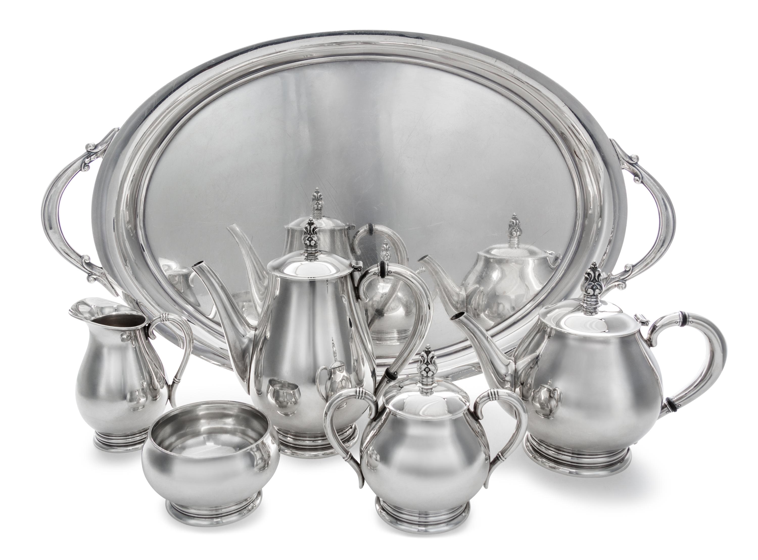 An American Silver Tea and Coffee Service, International Silver Co., Meriden, CT, Royal Danish pattern, comprising a coffee pot, a teap