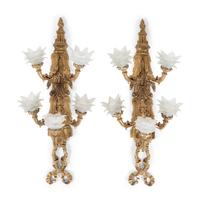 A Pair of Neoclassical Gilt Metal Five-Light Sconces with Frosted Glass Shades