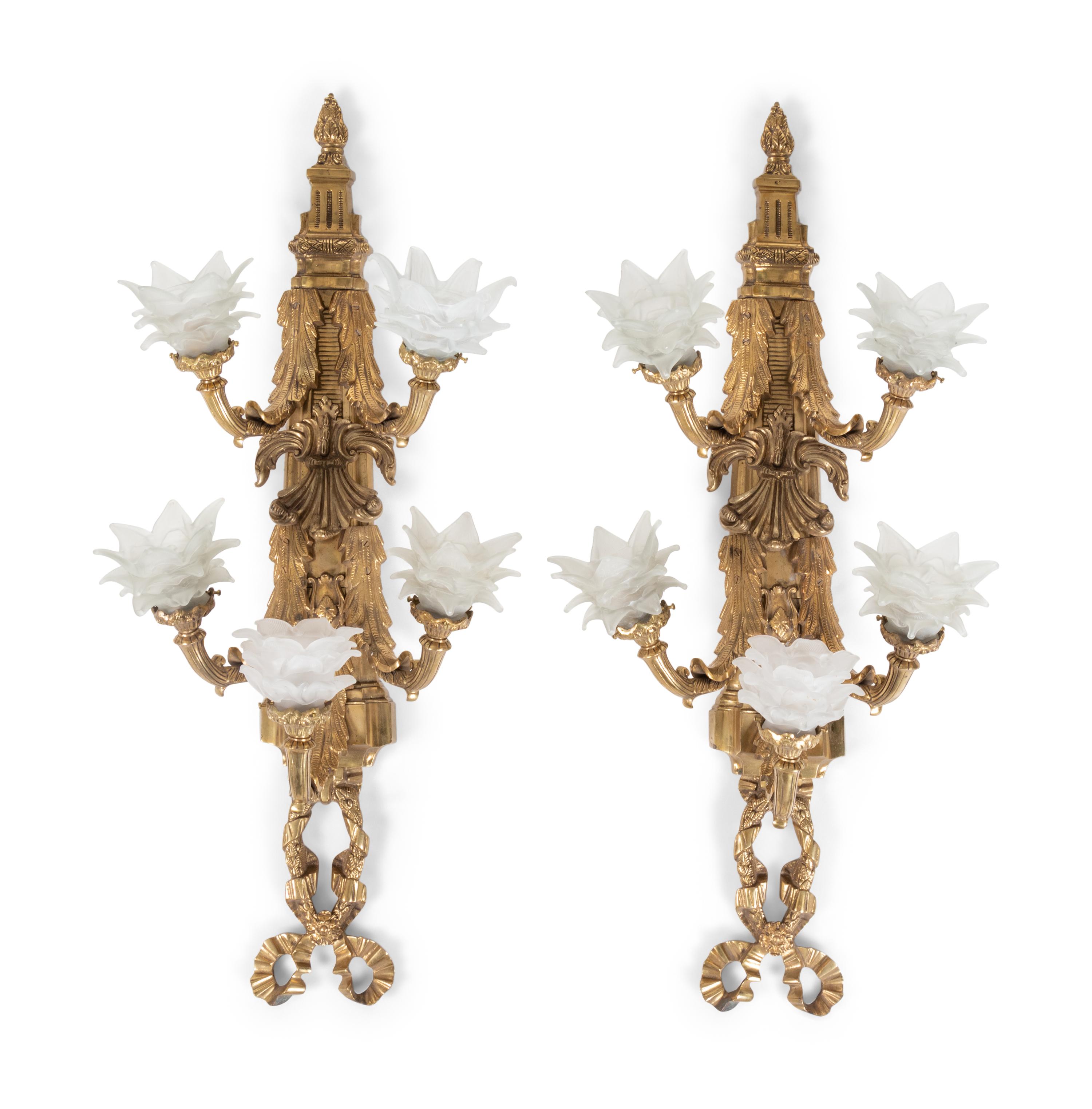 A Pair of Neoclassical Gilt Metal Five-Light Sconces with Frosted Glass Shades