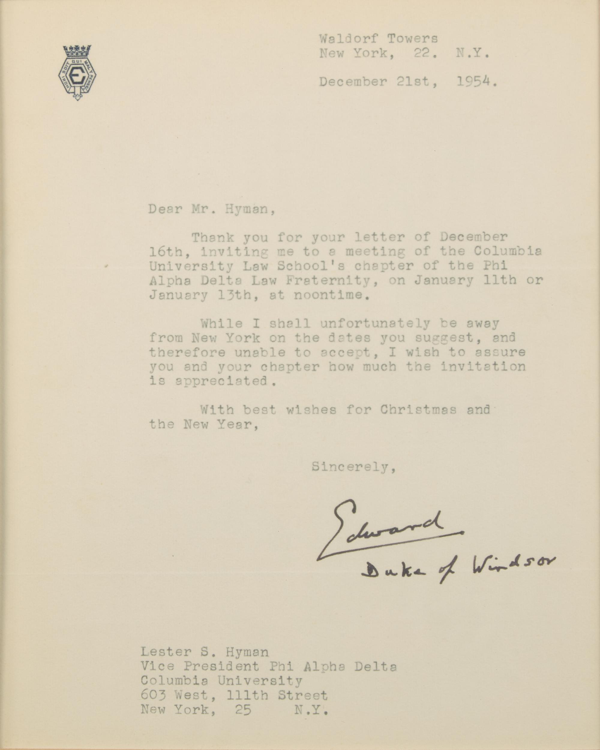 [British Isles] Edward, Duke of Windsor. Typed Letter, signed