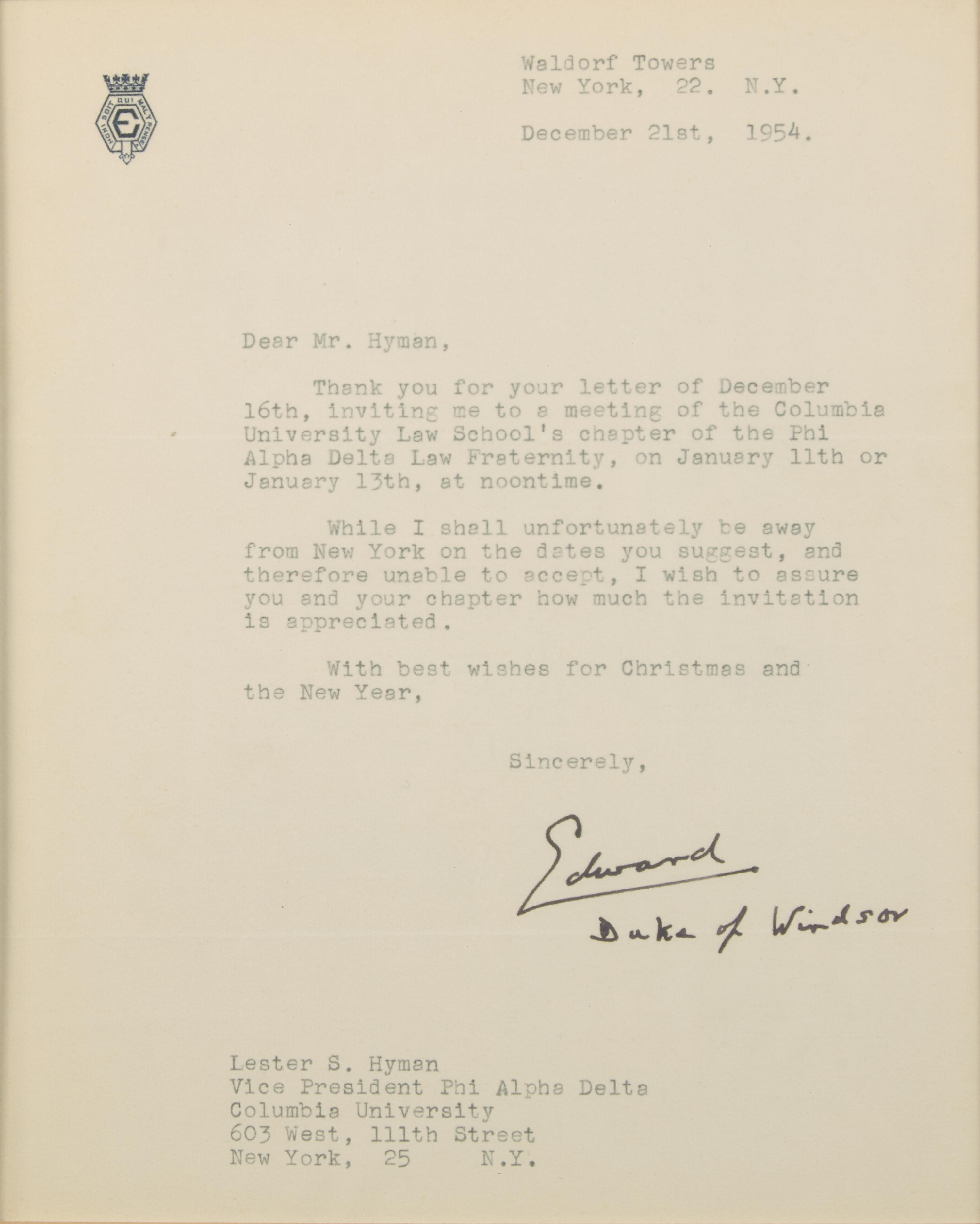 [British Isles] Edward, Duke of Windsor. Typed Letter, signed
