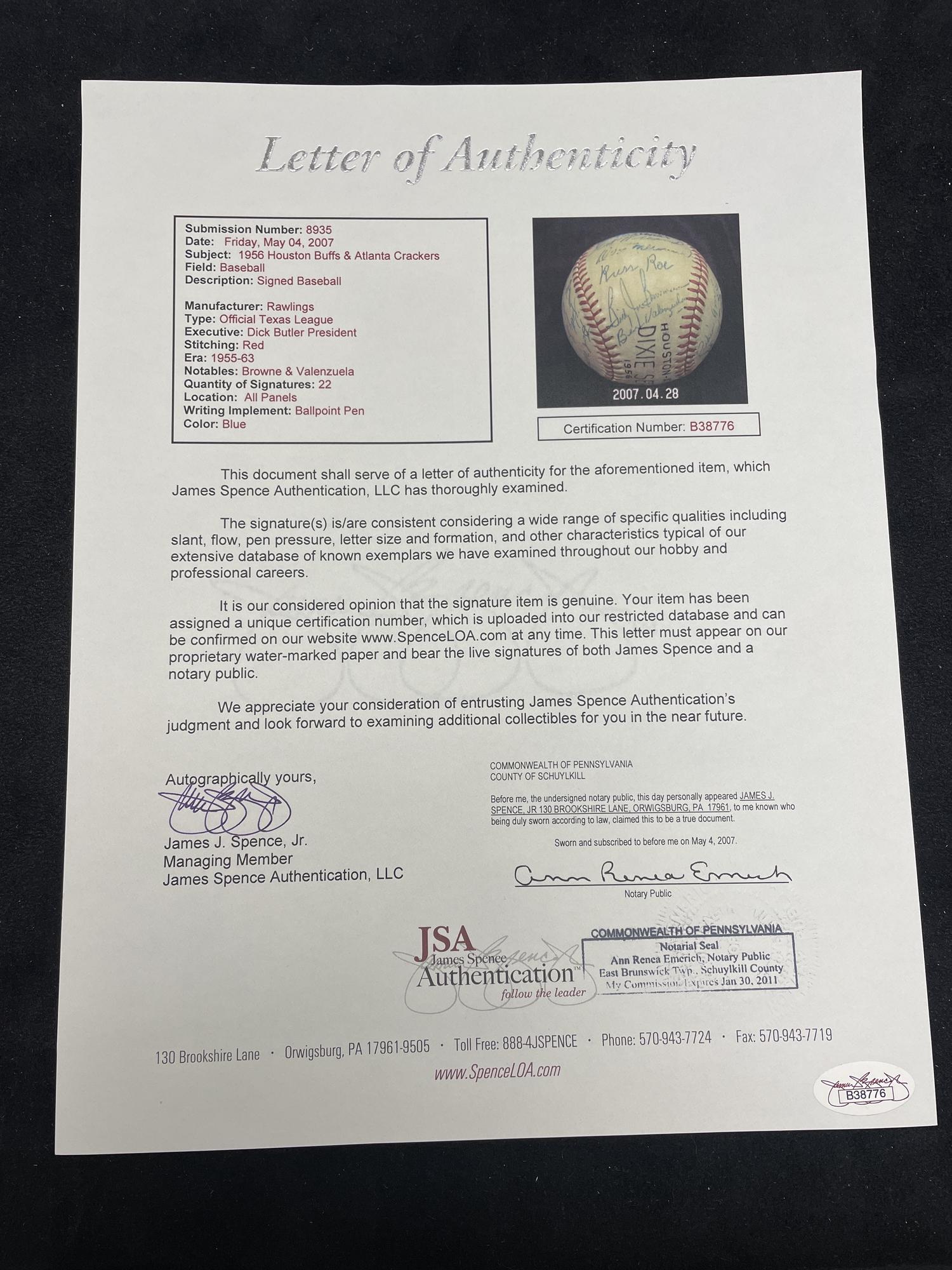 A 1956 Houston Buffs/Atlanta Crackers Multi Signed Baseball (JSA Letter of Authenticity)