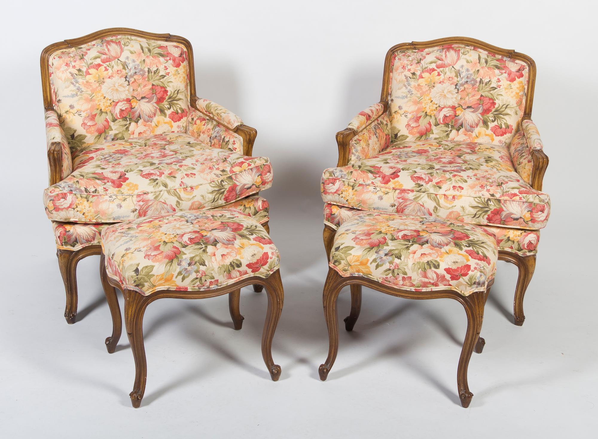 A Pair of French Provincial Bergeres, Height of bergere 32 inches.