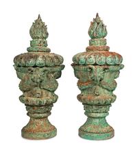 A Pair of Continental Patinated Metal Covered Urns