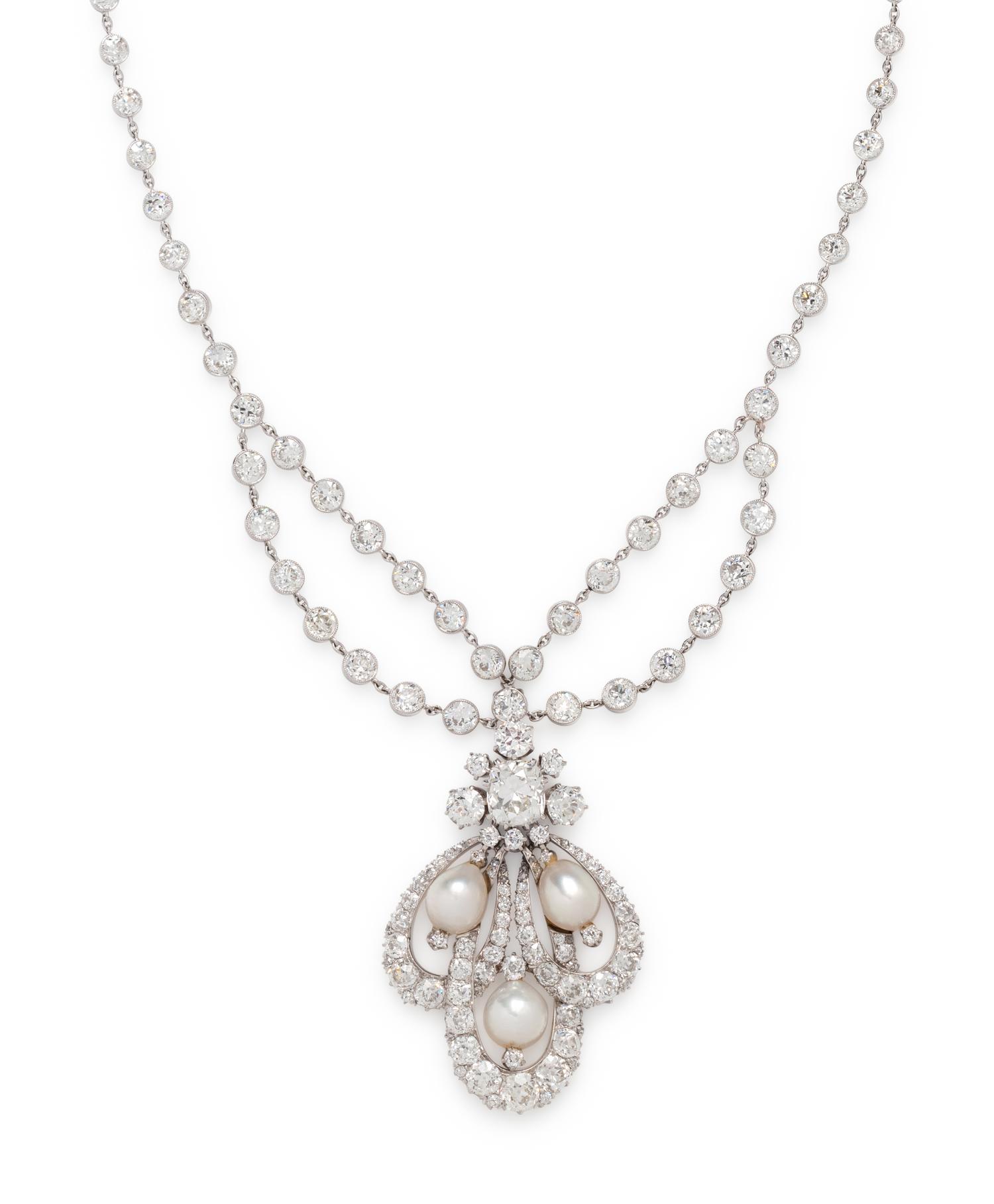 ANTIQUE, DIAMOND AND NATURAL PEARL NECKLACE
