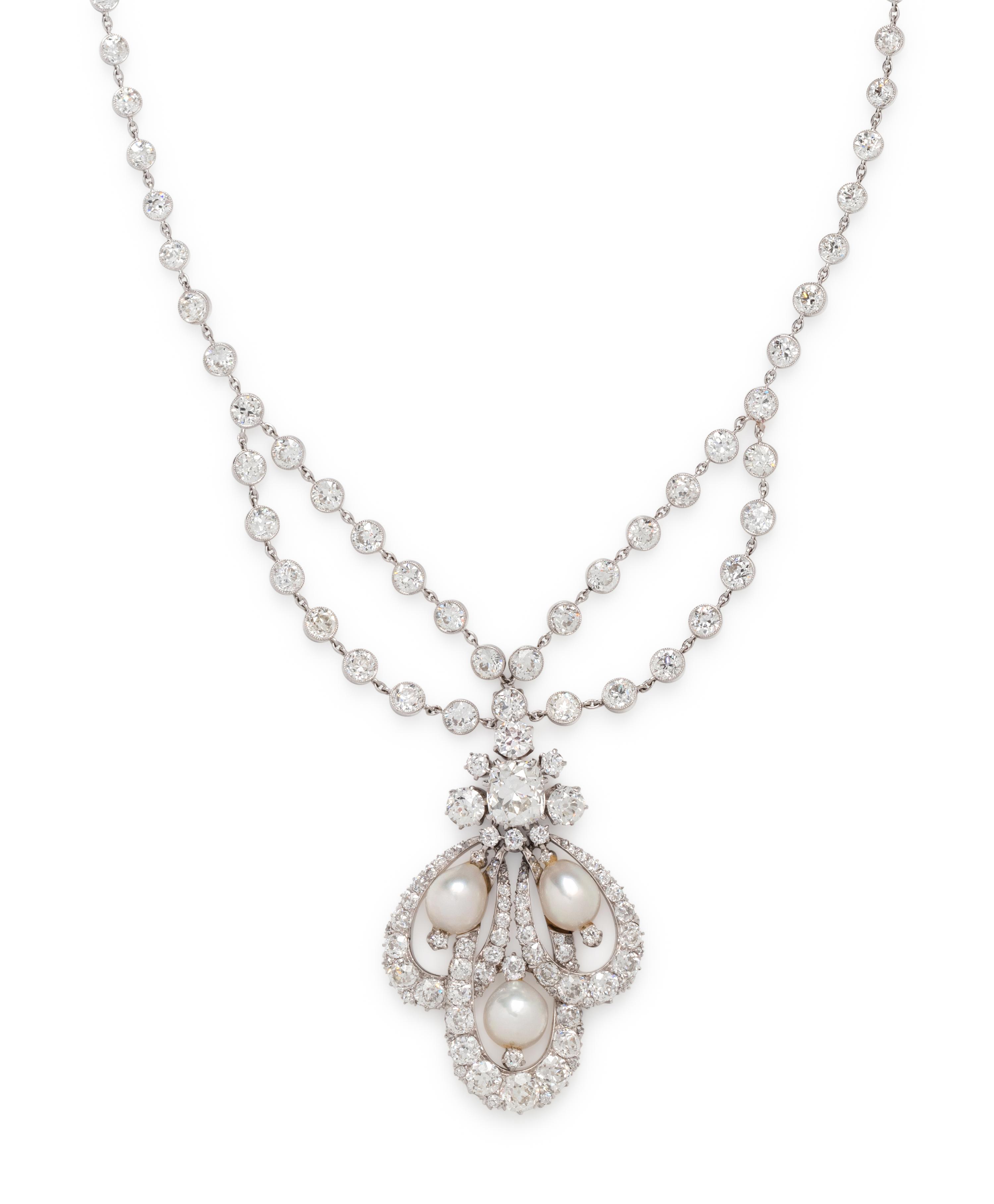 ANTIQUE, DIAMOND AND NATURAL PEARL NECKLACE