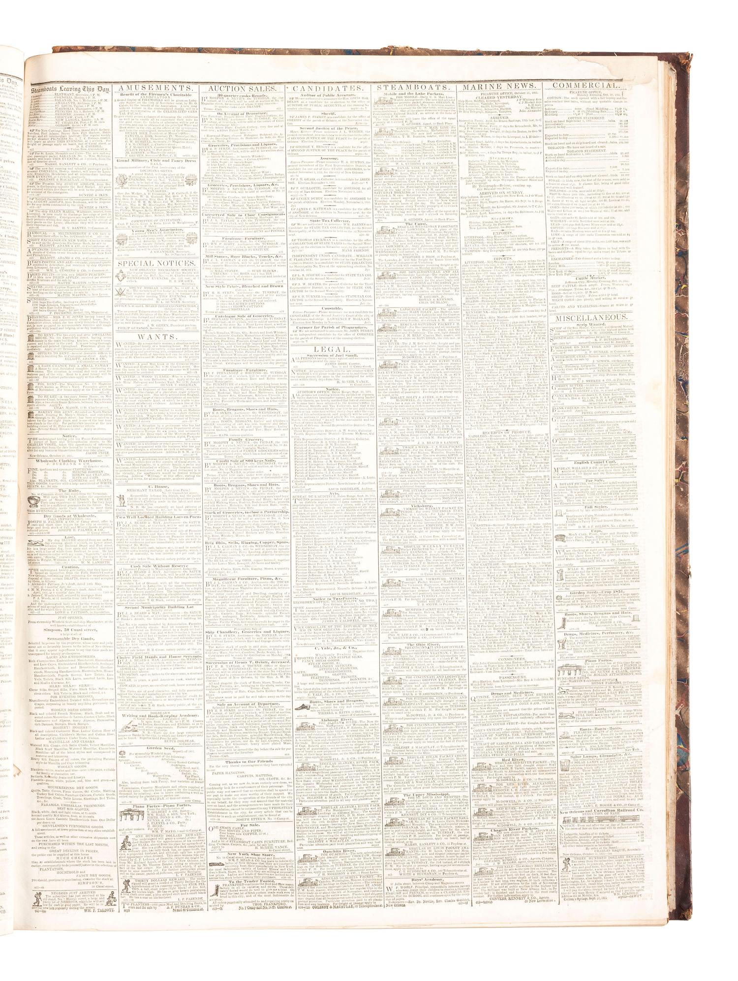 [LOUISIANA -- SLAVERY & ABOLITION]. The Daily Picayune. 763 issues in 5 bound volumes. New Orleans, LA: Lumsden, Kendall, & Co., 1842, 1843, 1848, 1851, 1852.