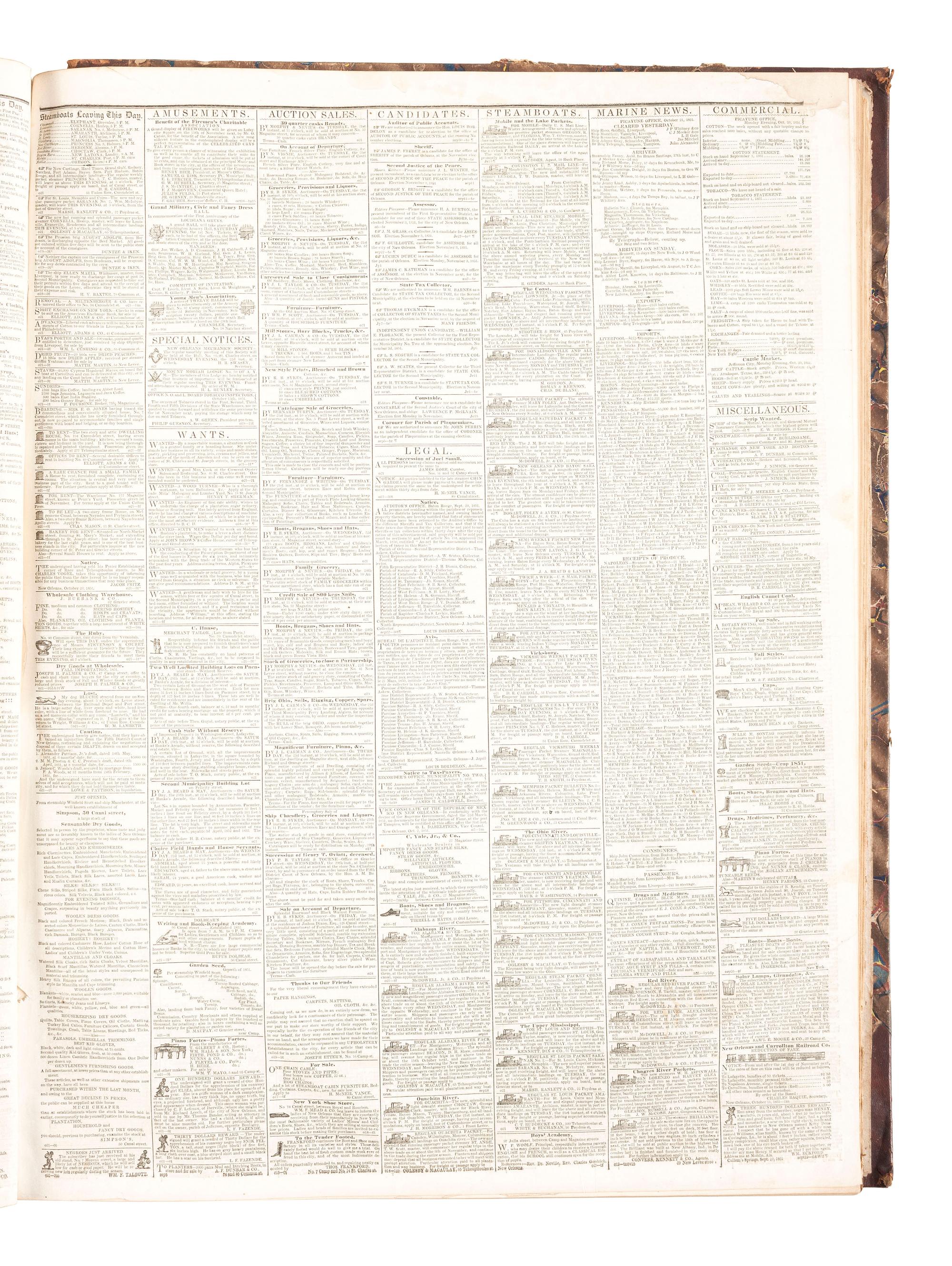[LOUISIANA -- SLAVERY & ABOLITION]. The Daily Picayune. 763 issues in 5 bound volumes. New Orleans, LA: Lumsden, Kendall, & Co., 1842, 1843, 1848, 1851, 1852.