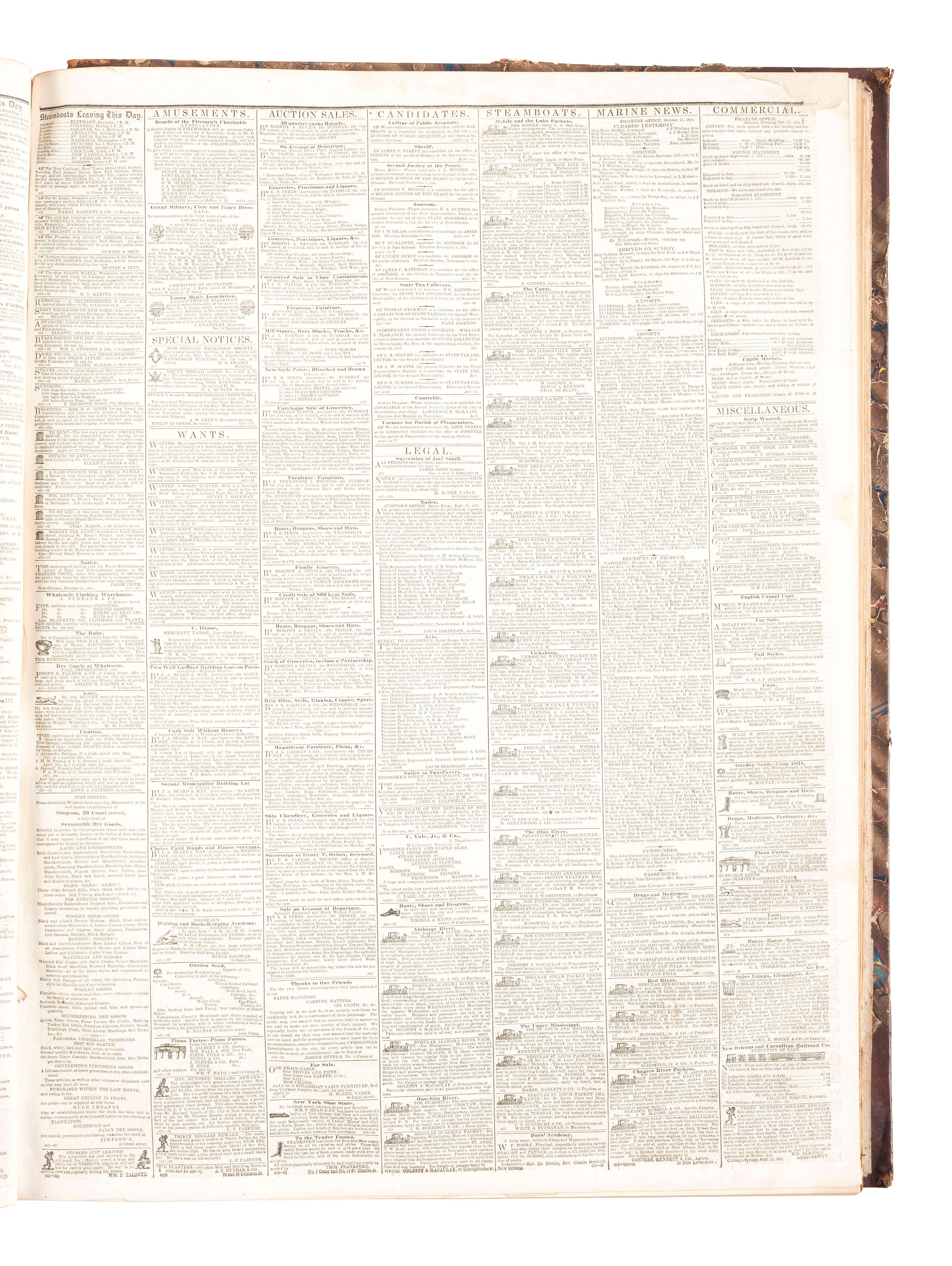 [LOUISIANA -- SLAVERY & ABOLITION]. The Daily Picayune. 763 issues in 5 bound volumes. New Orleans, LA: Lumsden, Kendall, & Co., 1842, 1843, 1848, 1851, 1852.